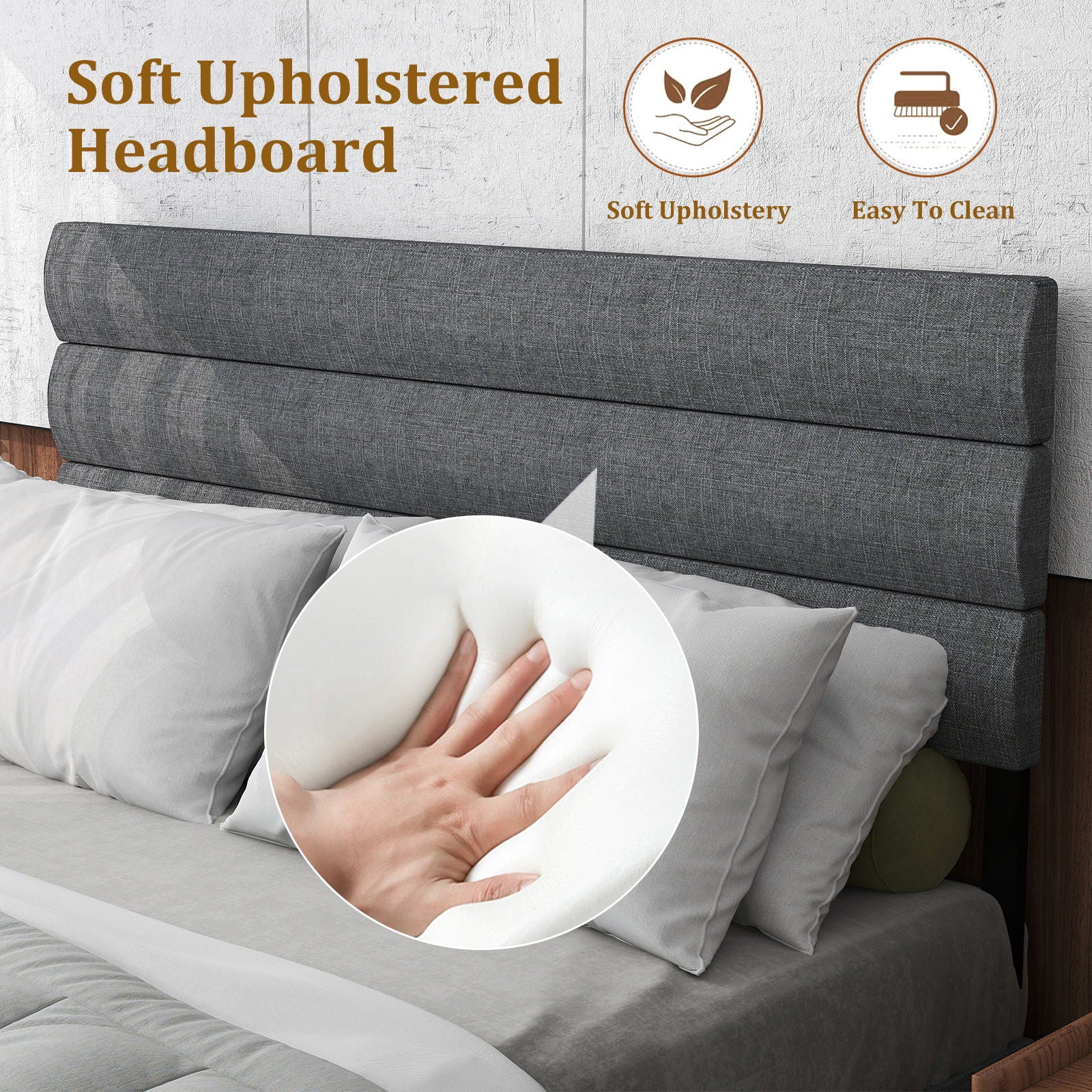 Upholstered Platform Bed Frame With Headboard, No Box Spring Needed, Underbed Storage