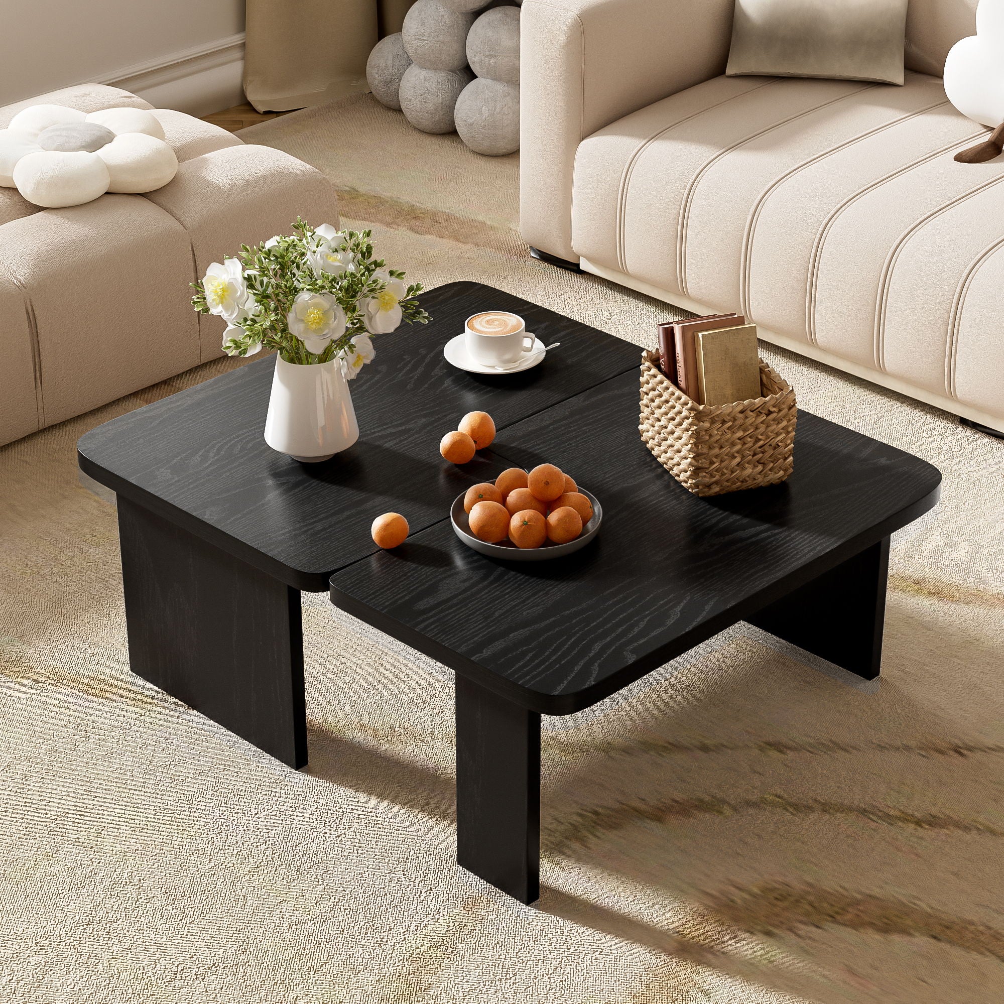Modern Minimalist Coffee Table Set, Rectangle Coffee Table With Splicing Design, Multifunctional Combination Table For Living Room - Black