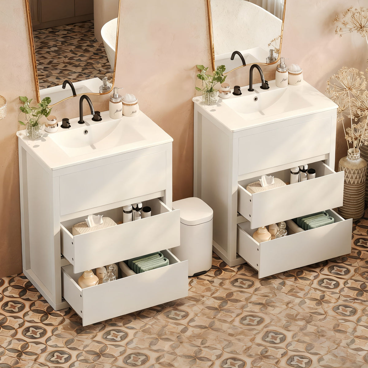 Double Sinks Bathroom Vanity Set With 2 Ceramic Basins