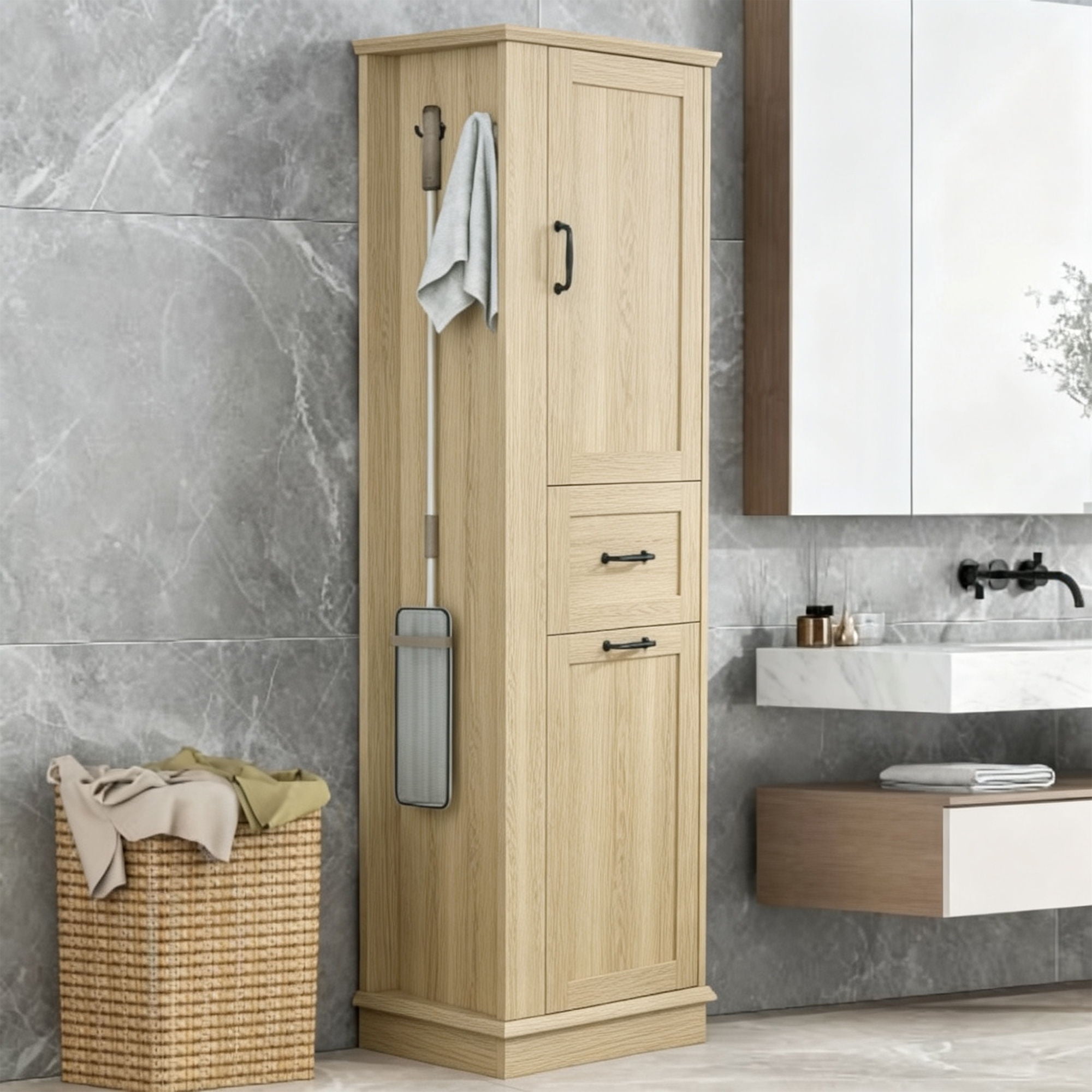 Tall Storage Cabinet With Tilt Out Compartment, Adjustable Shelves, Soft Close Hinges - Natural