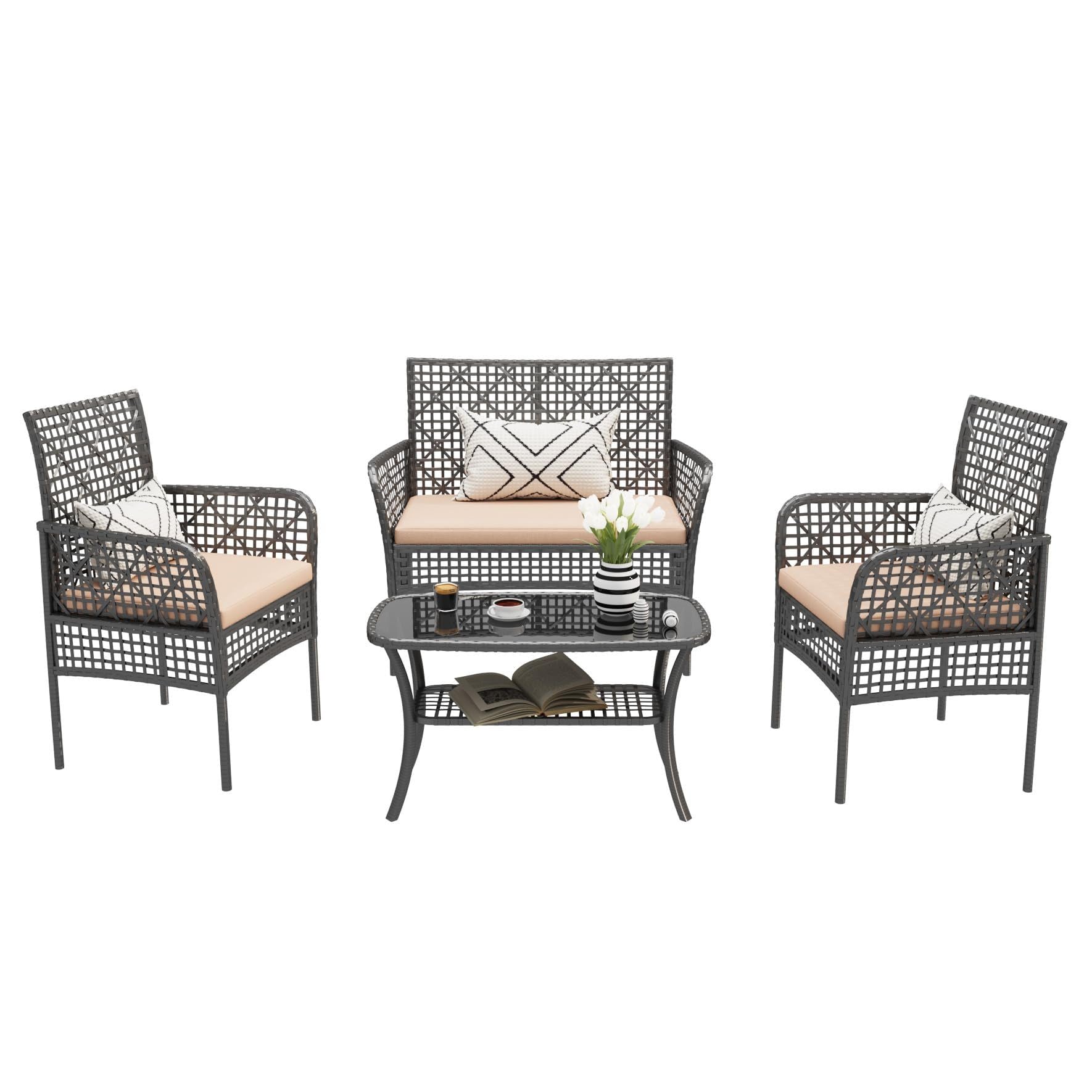 4 Pieces Rattan Wicker Chairs With Tempered Glass Table And Cushions