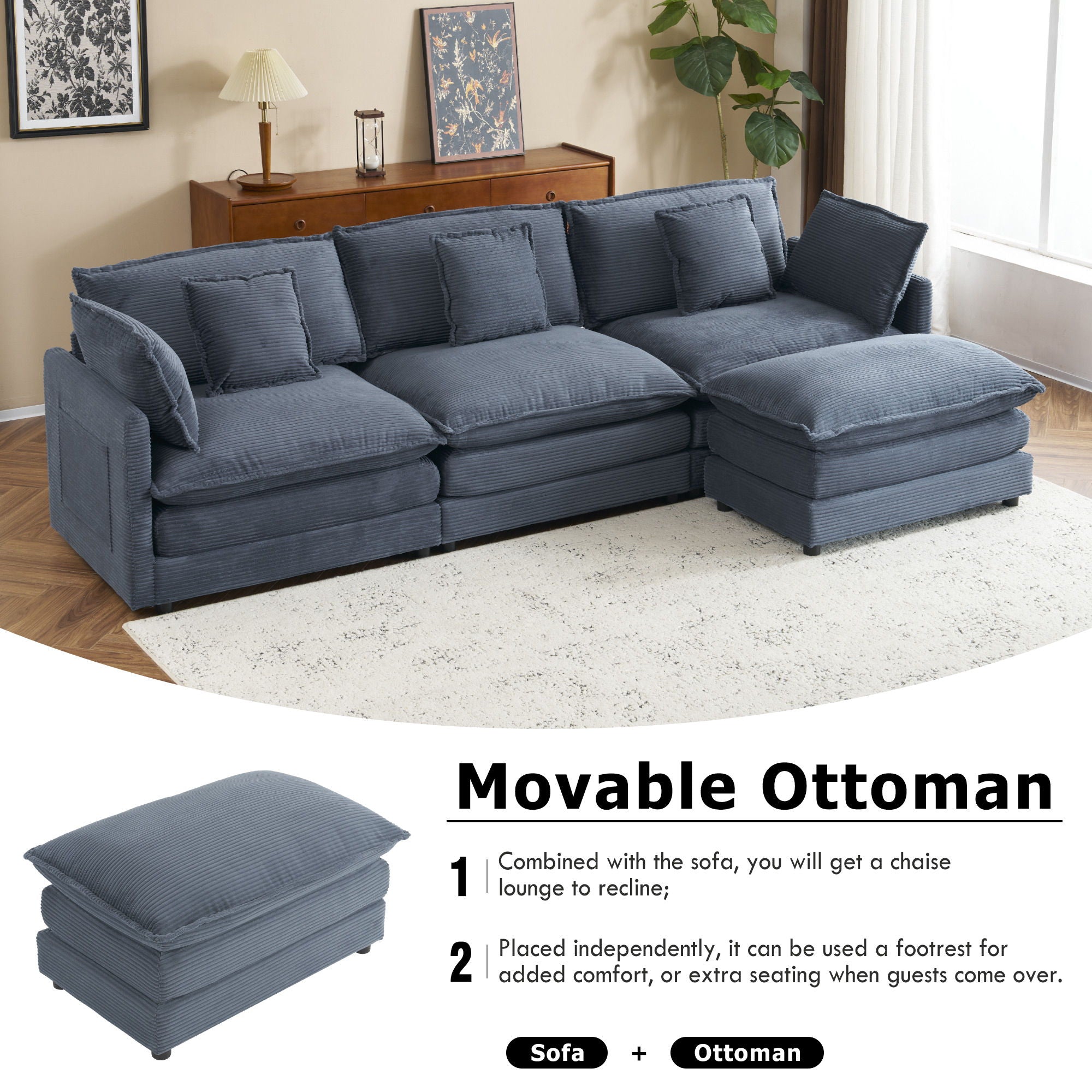 Modern Modular Sectional Sofa With Side Storage Pockets For Living Room
