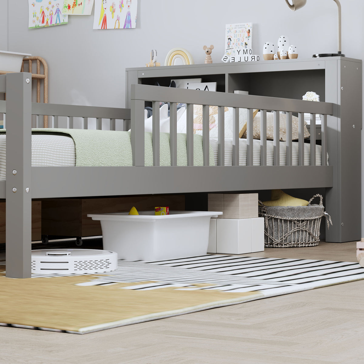 Twin Size Bed With Headboard Storage Rack, 2 Under Bed Drawers, 3 - Side Guardrails For Safety And Security - Gray