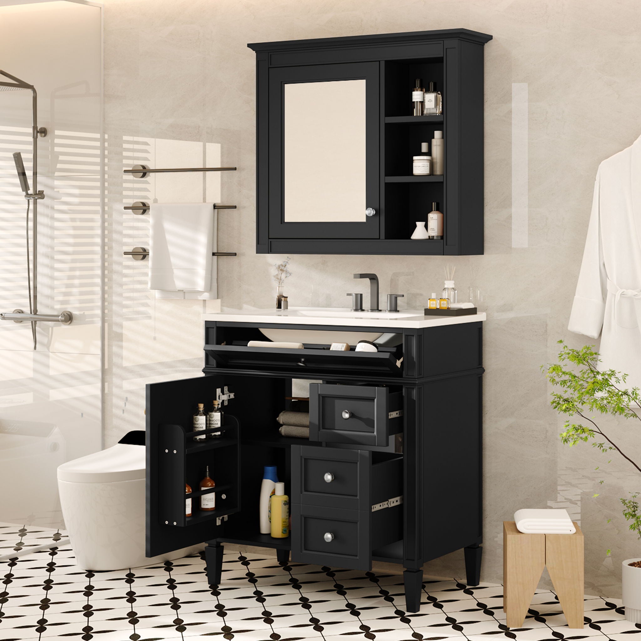 Bathroom Vanity With Top Sink, 2 Doors And 3 Drawers, Freestanding Set With Mirror Cabinet
