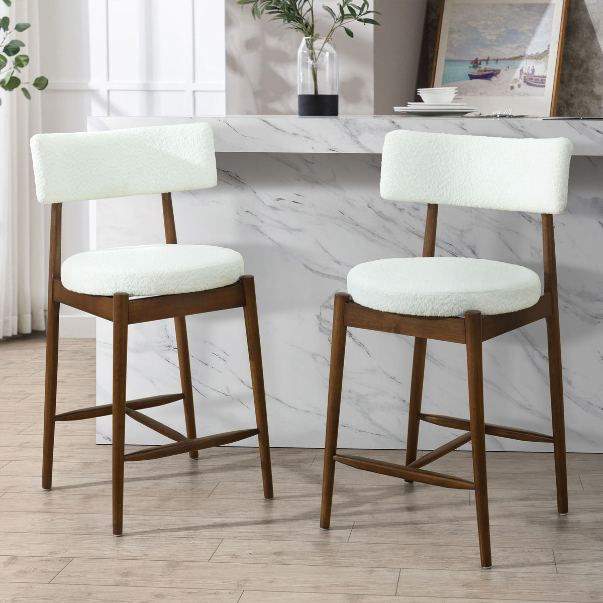 Mid Century Modern Counter Stools, Fabric Upholstered Chairs