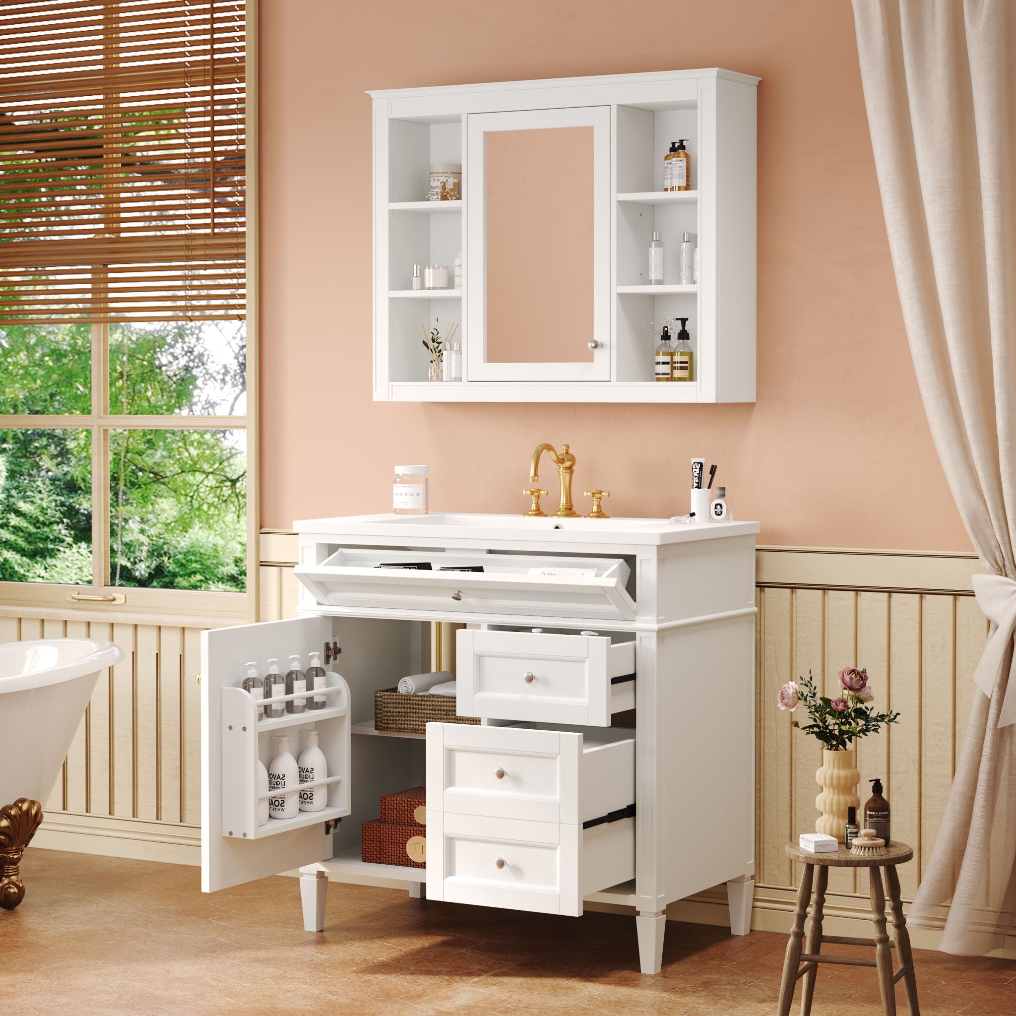 Bathroom Vanity With Top Sink, Storage Cabinet With Mirror, 2 Doors, 3 Drawers, 6 Open Shelves