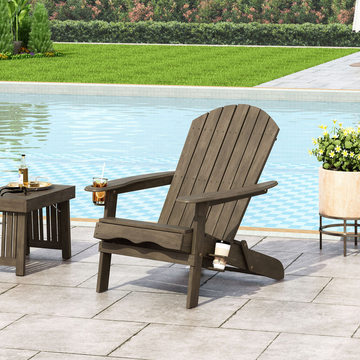 Zenithia - Outdoor Foldable Adirondack Chair With 2 Cup Holders - Gray
