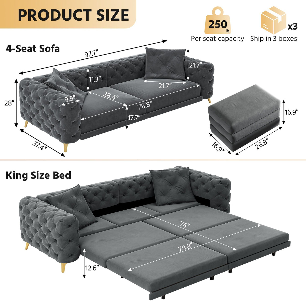 3 In 1 Convertible Sleeper, Deep Seat Pull Out Sofa Bed, Button Tufted