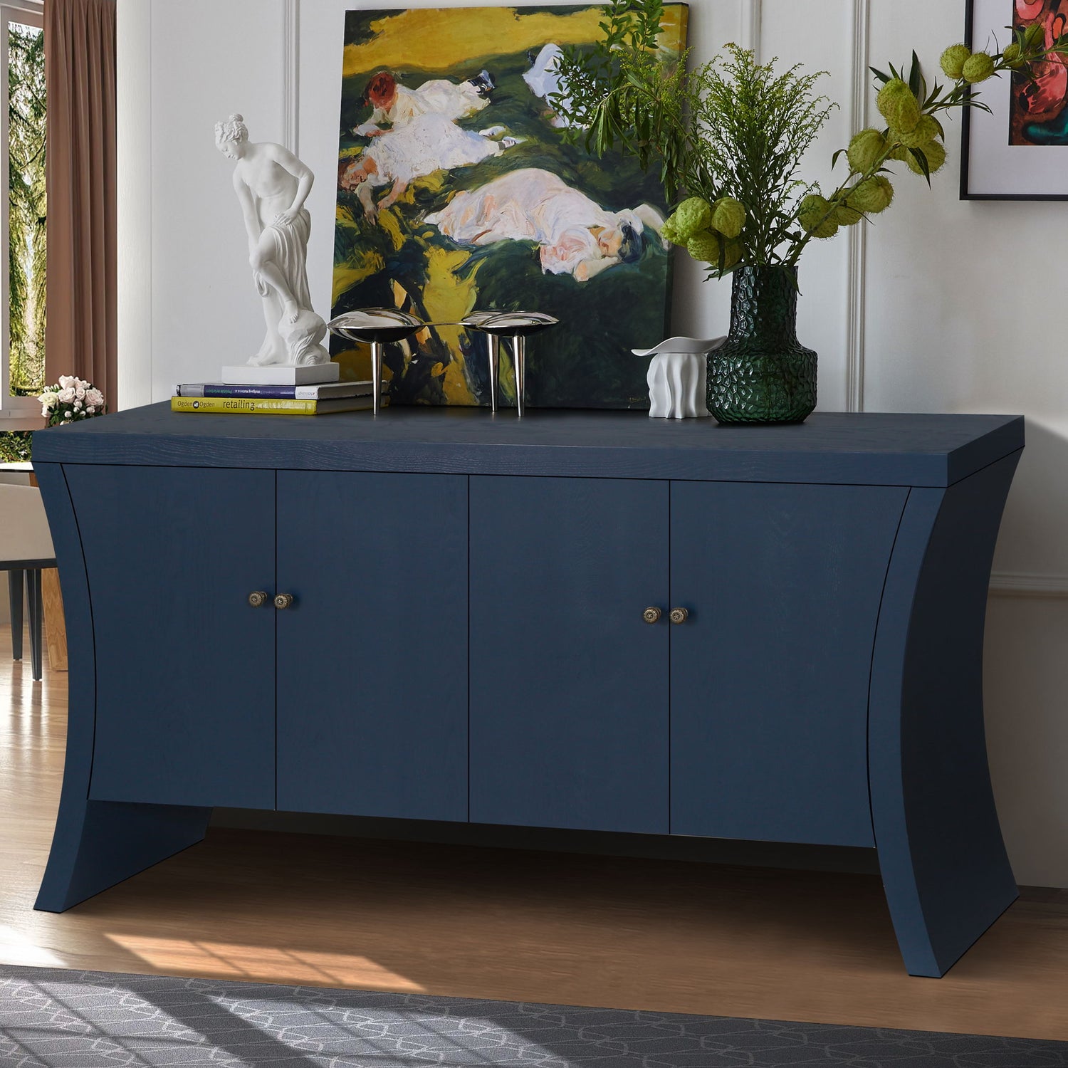 Refined Industrial 4 Door Credenza With Arc Legs & Bronze Clasps