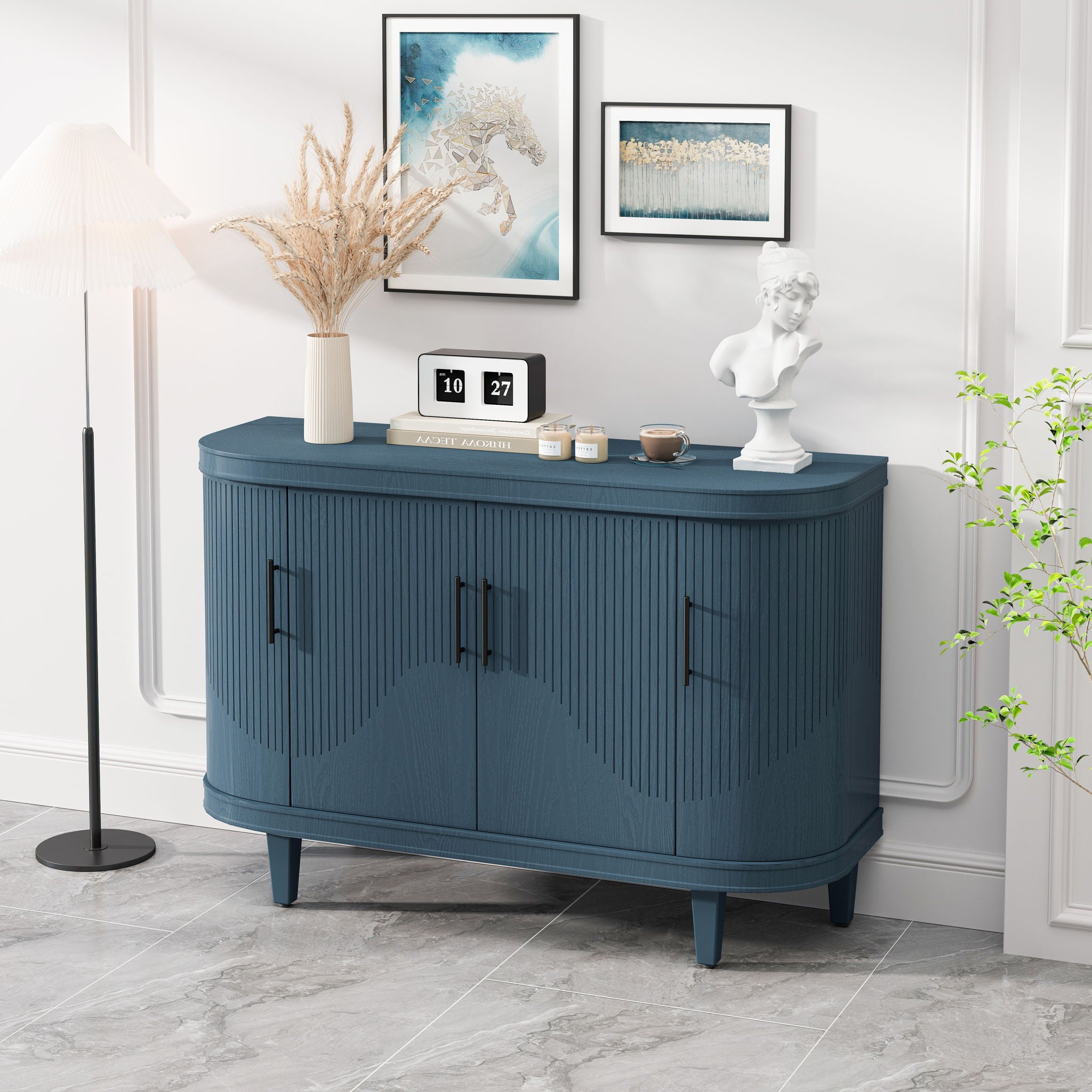 Curved Sideboard Wooden Console Table With 4 Doors And Adjustable Shelves For Living Room - Blue