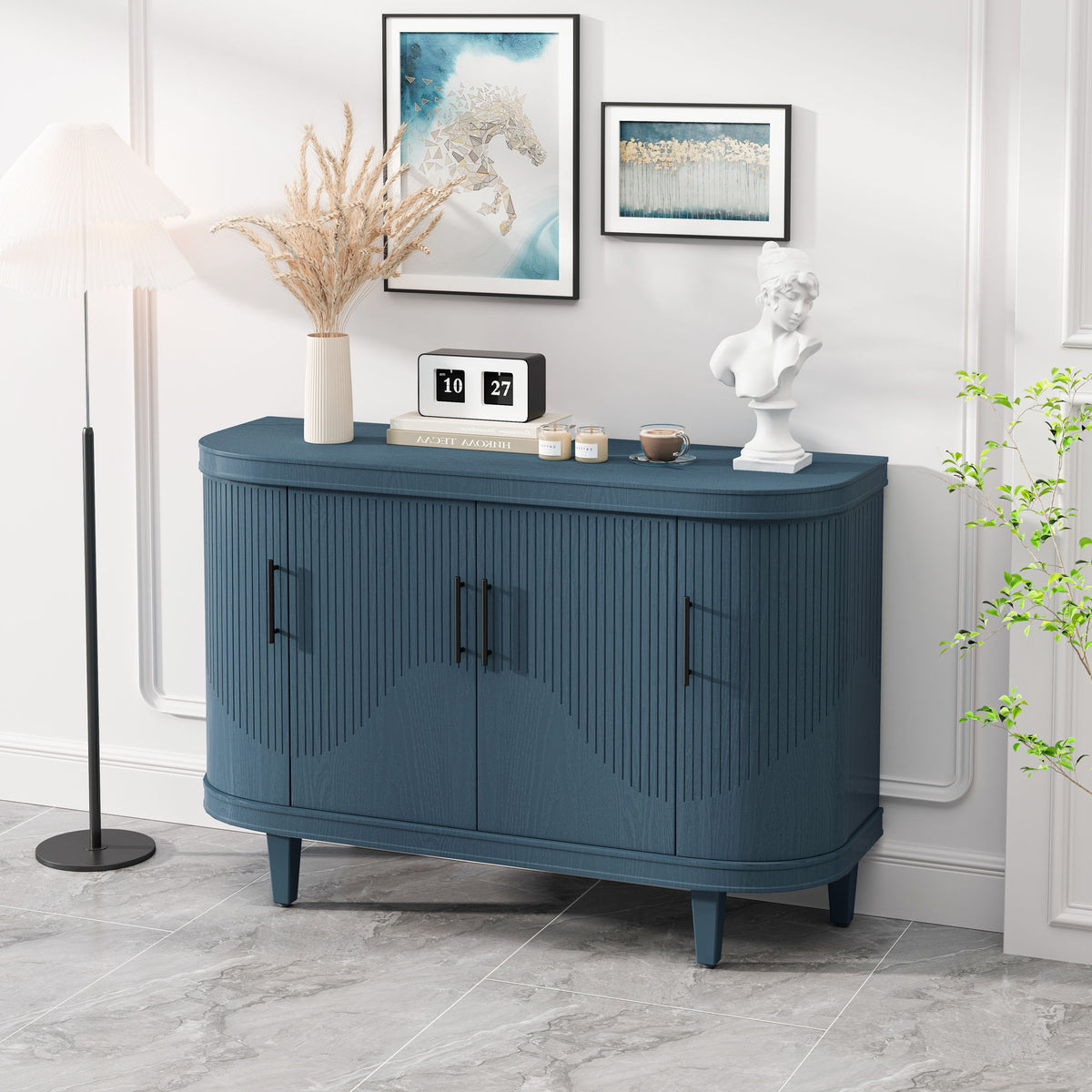 Curved Sideboard Wooden Console Table With 4 Doors And Adjustable Shelves For Living Room - Blue