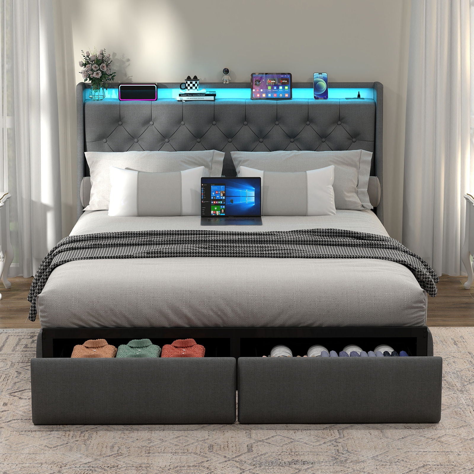 Bed Frame With Storage Headboard, RGB LED Light & USB Charging Station