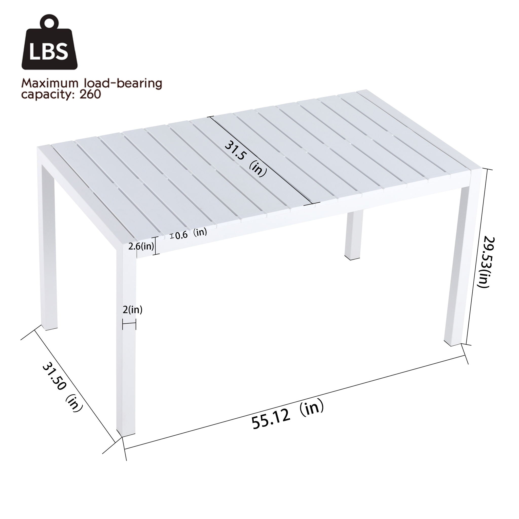 Modern Long Table, UV Resistant And Rust Proof, Pp Tabletop, UV Resistant Powder Coated Metal Legs - Snow White