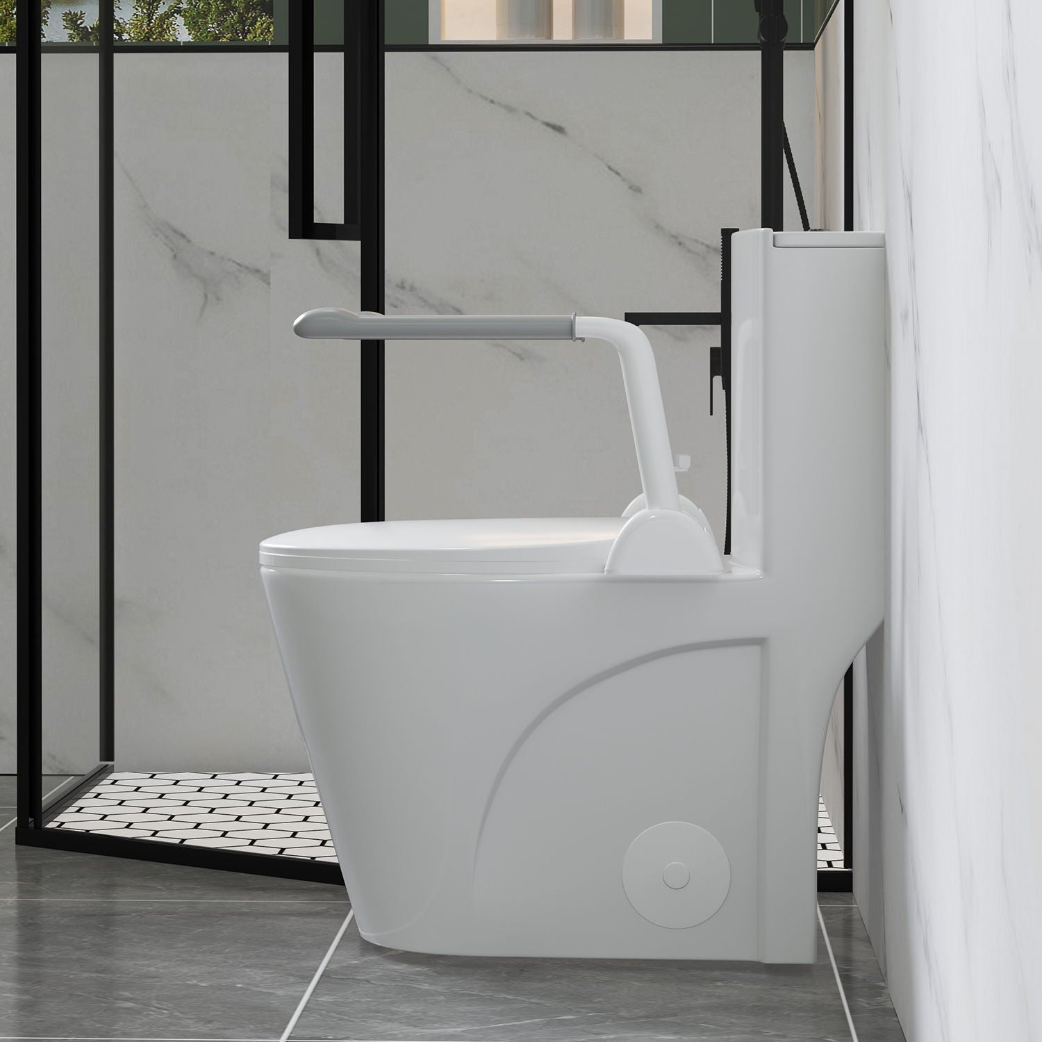 Upgraded Design Armrest, With Glossy Gw 007 1 Piece Toilet With Tornado Flush, Soft Close Seat, Dual Flush Map 1000G, Comfort Chair Seat - Gloss White
