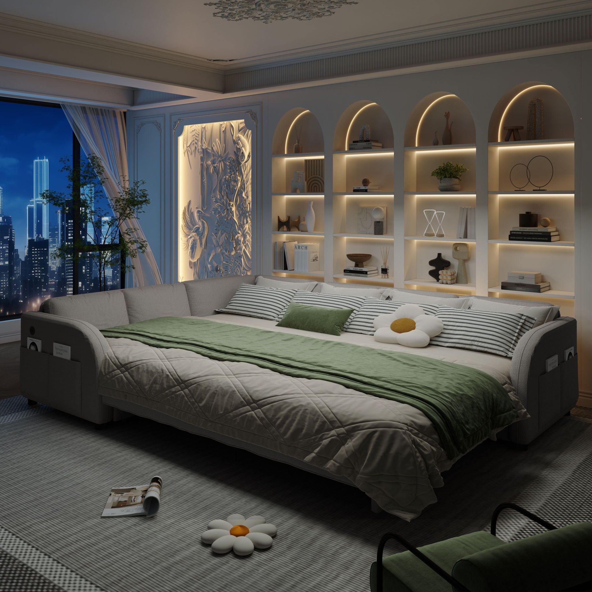 L-Shaped Couch With Pull-Out Bed, Convertible Sleeper Sofa With Side Pocket & USB Port