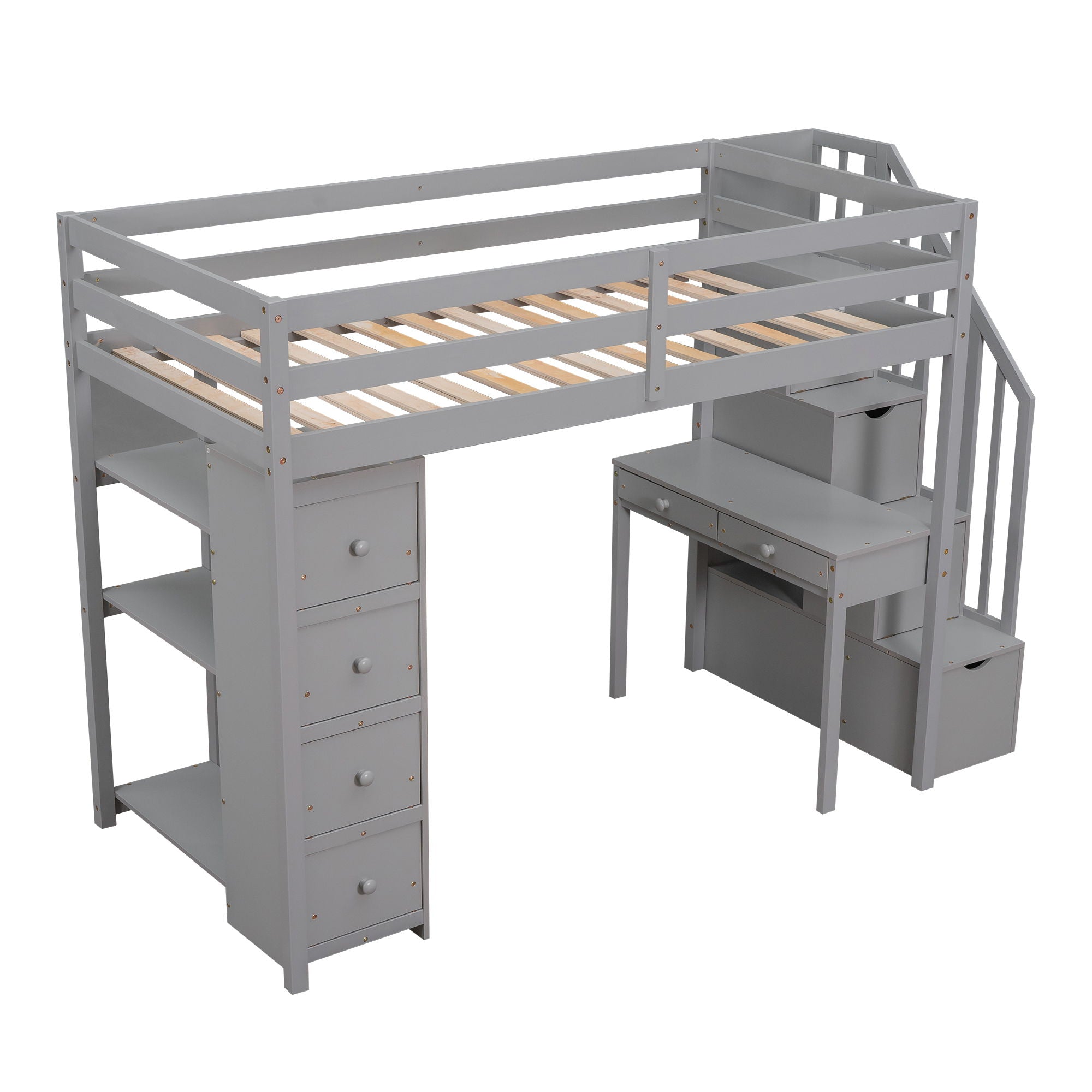 Loft Bed With Storage Drawers, Desk And Stairs With Shelves