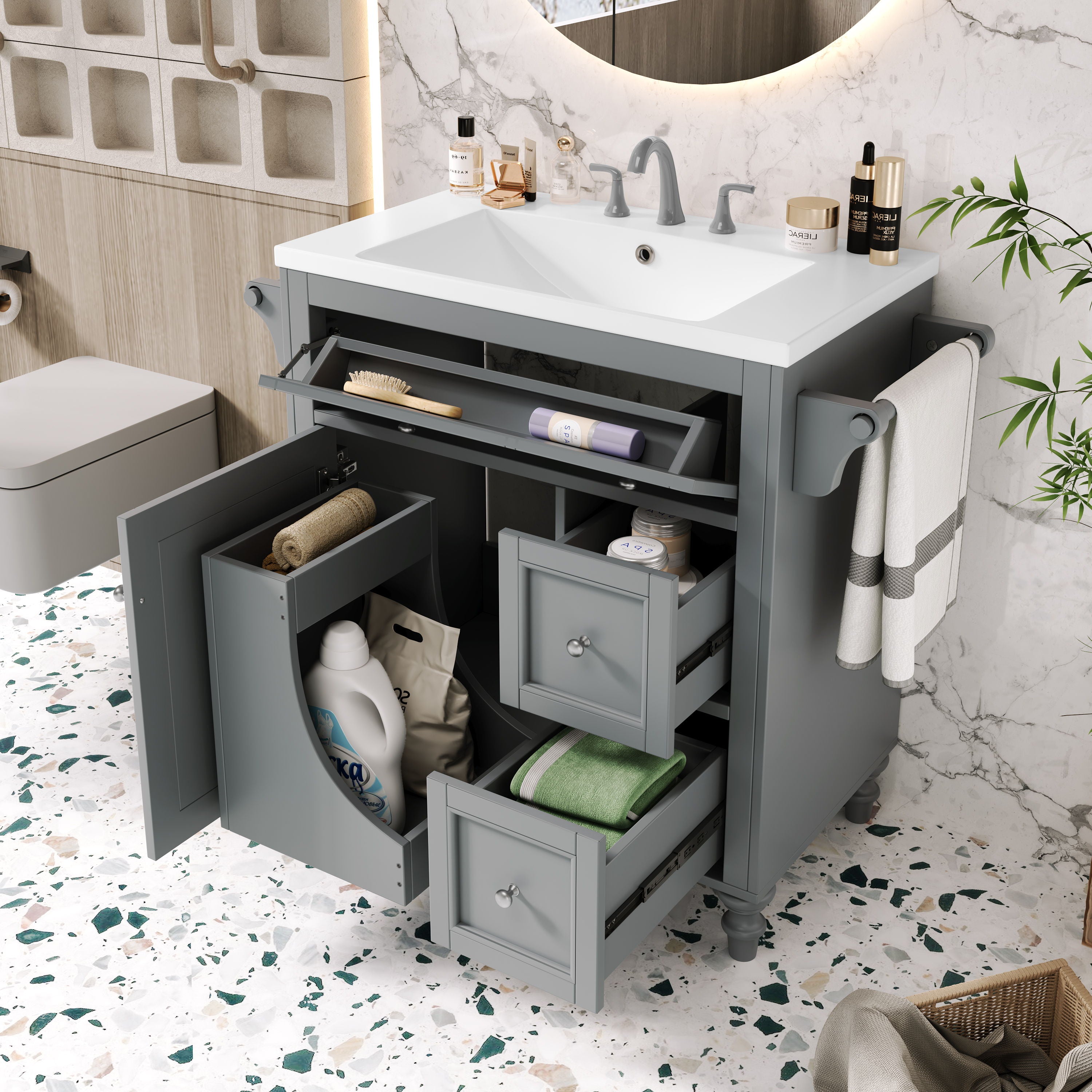 Bathroom Vanity With Top Sink, Storage Cabinet With 2 Drawers And A Tip-Out Drawer