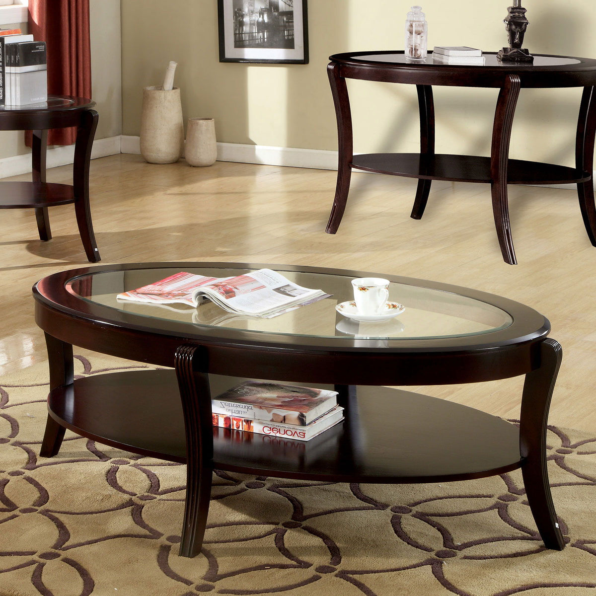 Oval Coffee Table With Beveled Glass Top And Open Lower Shelf - Espresso