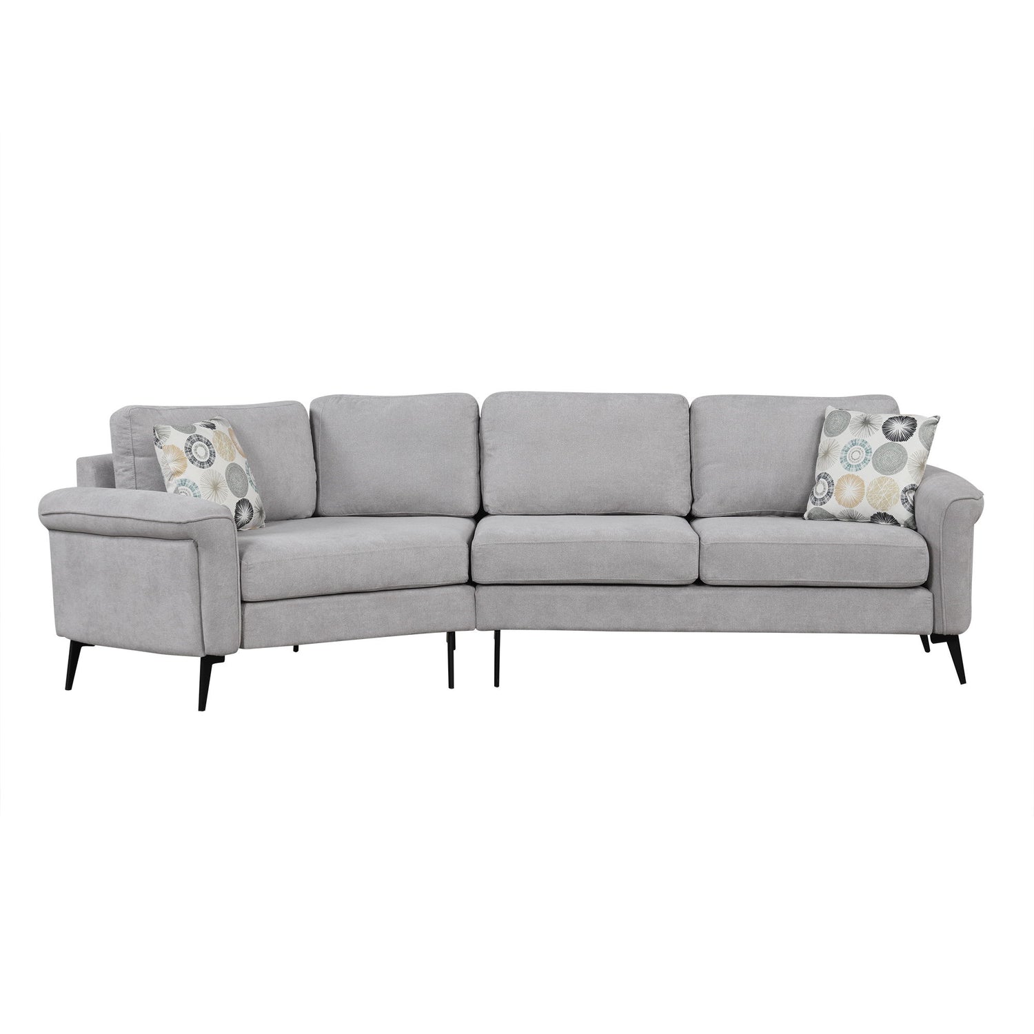 Upholstered 3 Seater Curved Sofa With Printed Pillows Chenille