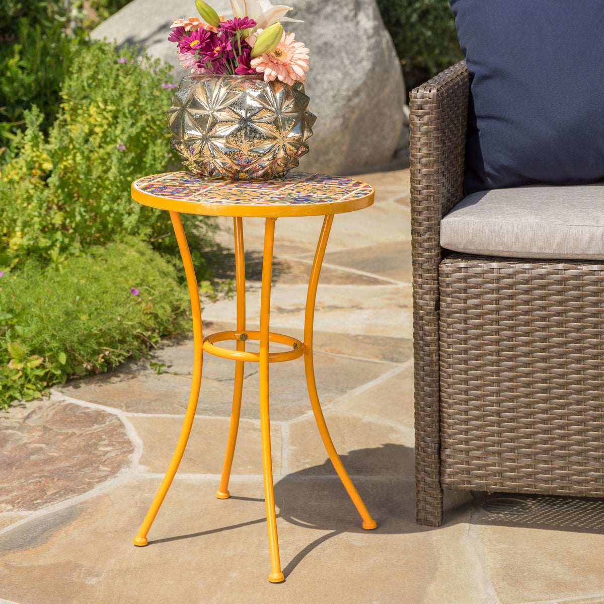 Outdoor Side Table With Tile Mosaic Table Top - Yellow