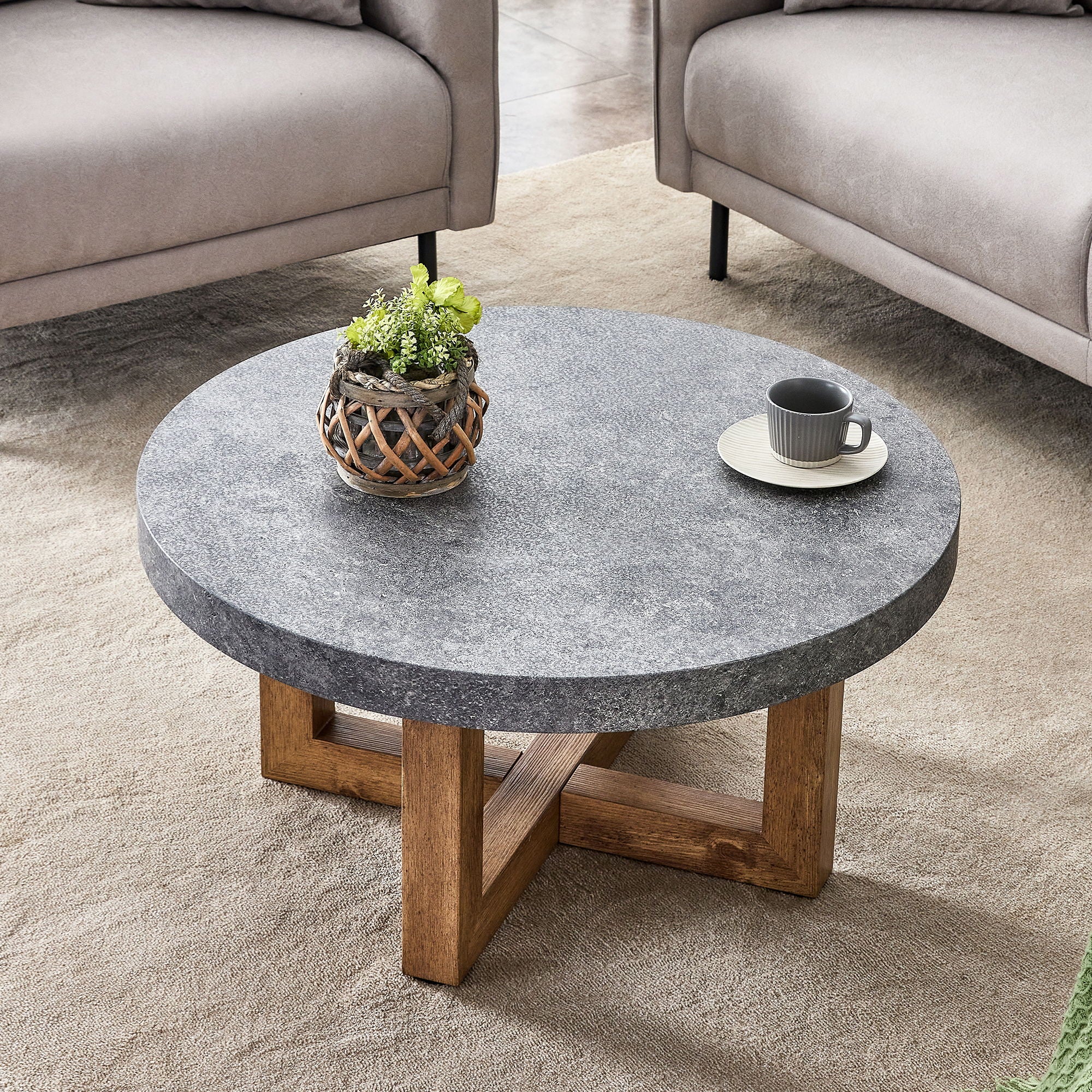 Modern Retro Texture Round Coffee Table With Crossed Legs - Gray