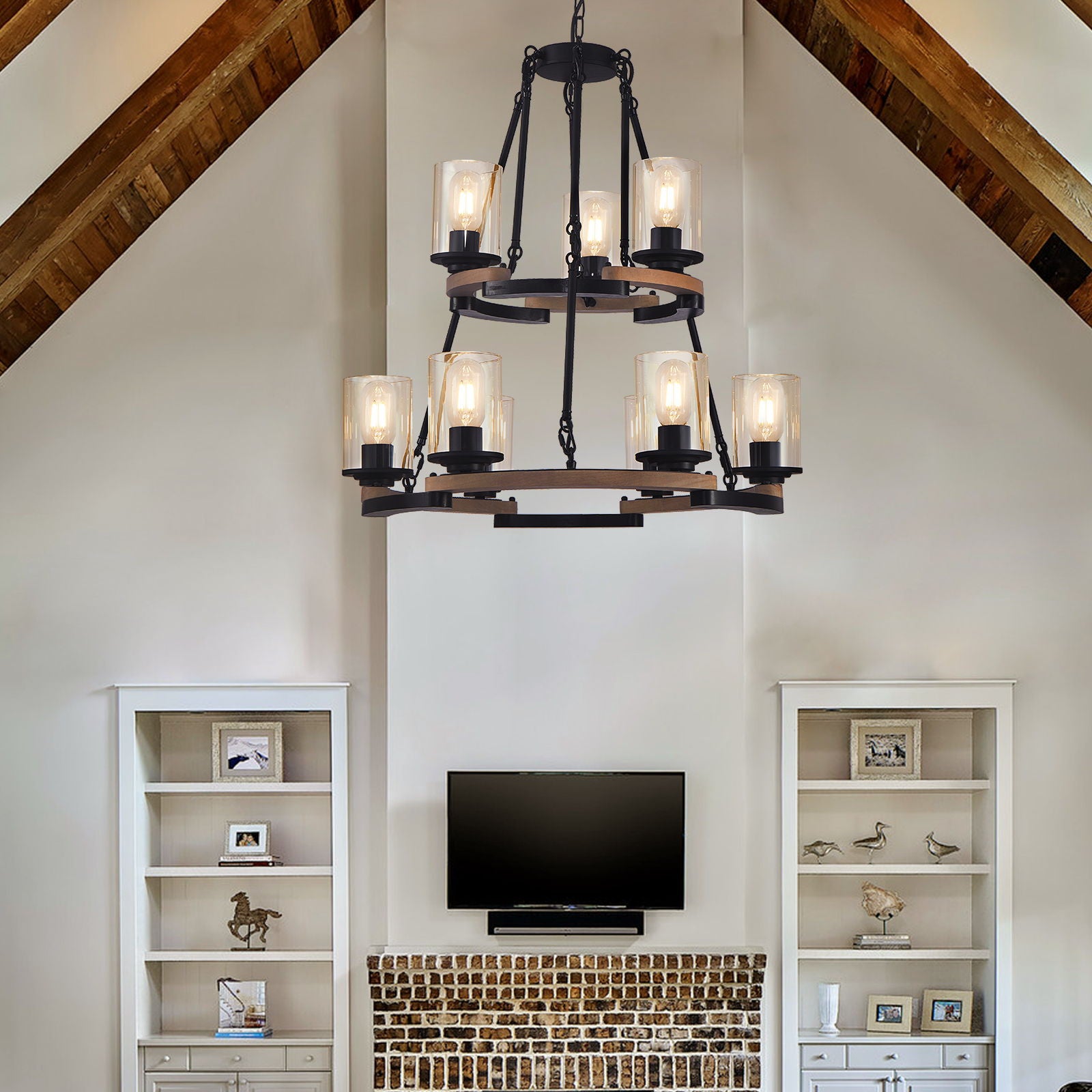 Wagon Wheel Chandelier, Ceiling Light With Adjustable Height - Black / Brown