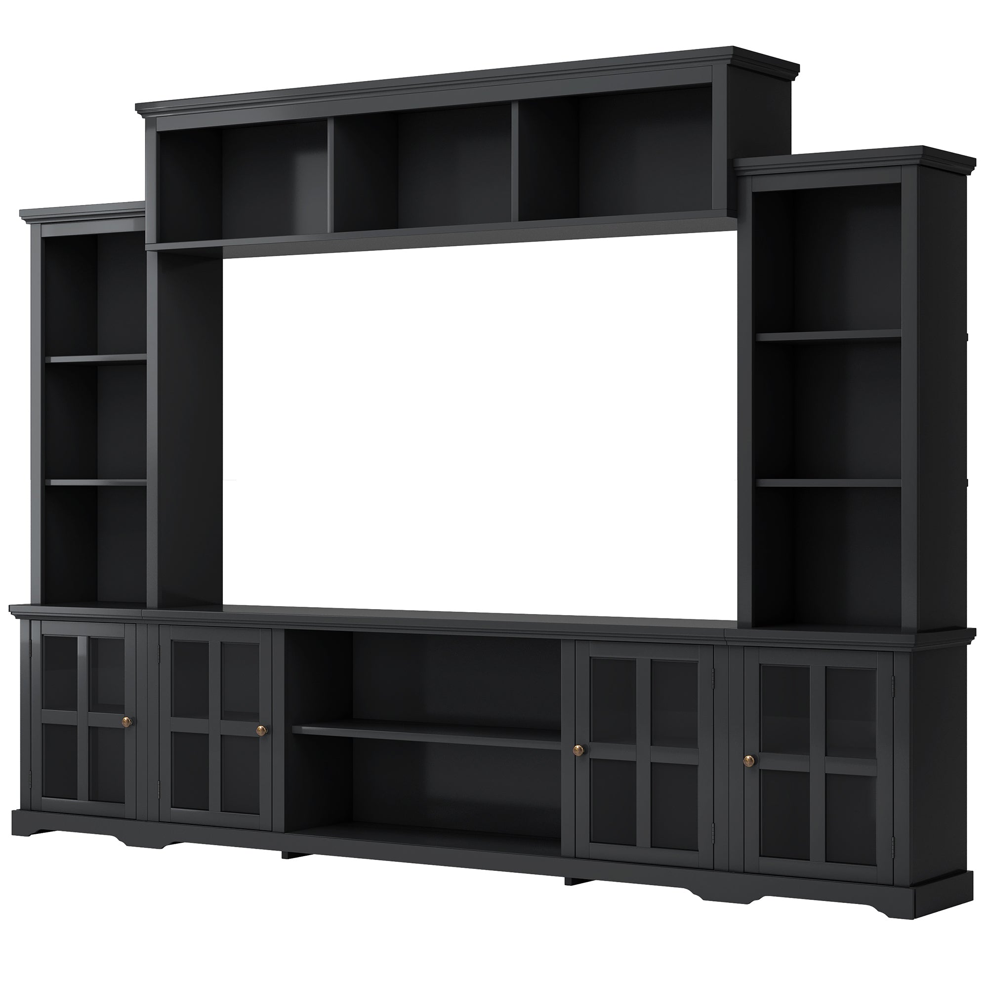 Entertainment Wall Unit with Bridge, Modern TV Console Table for TVs Up to 70" Multifunctional TV Stand with Tempered Glass Door Black