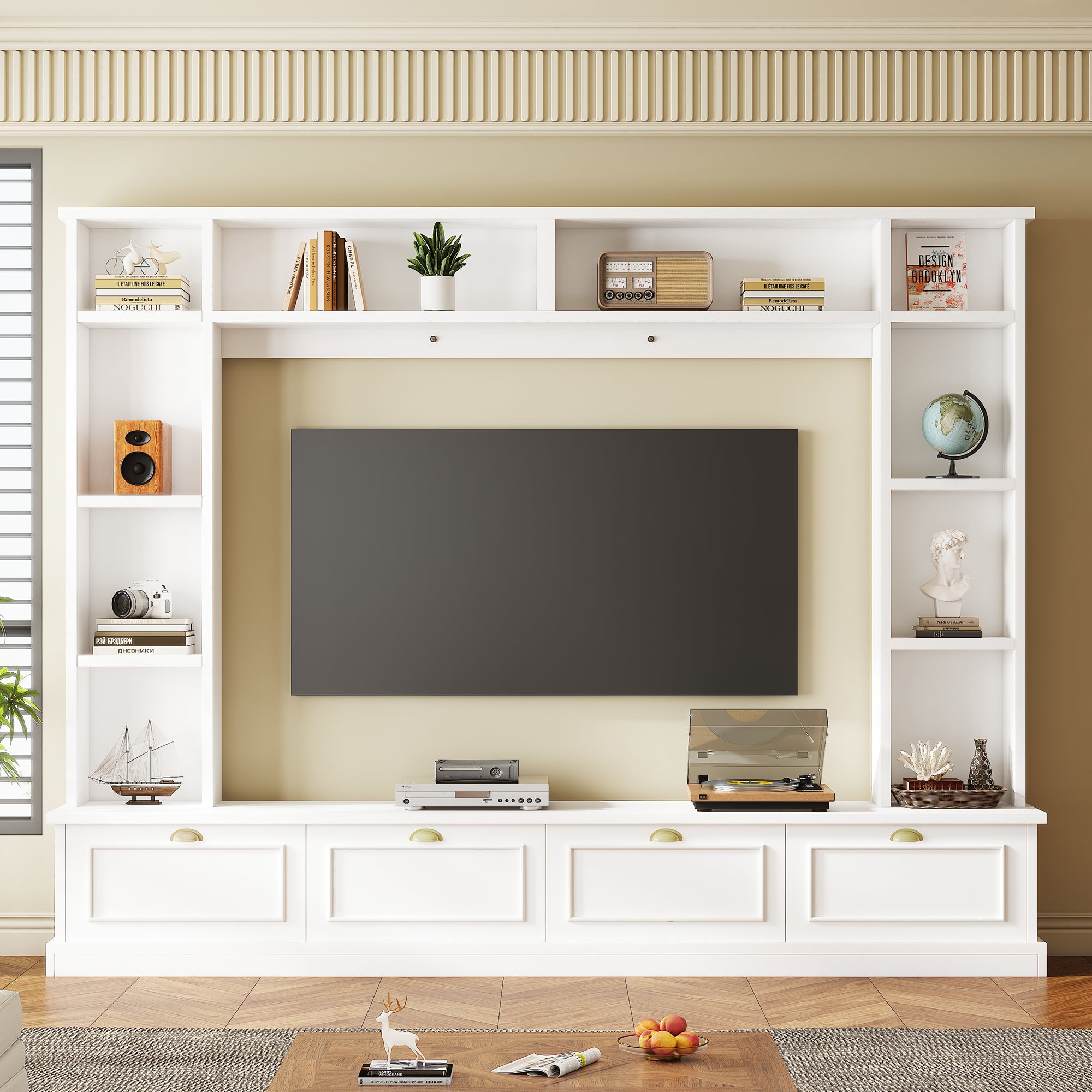 Large Wall Unit Entertainment Center with Bookshelves for TVs Up to 78" Modern TV Console with Cabinets and Open Shelves, 4-in-1 TV Stand with Golden Handles, White, 104.2&