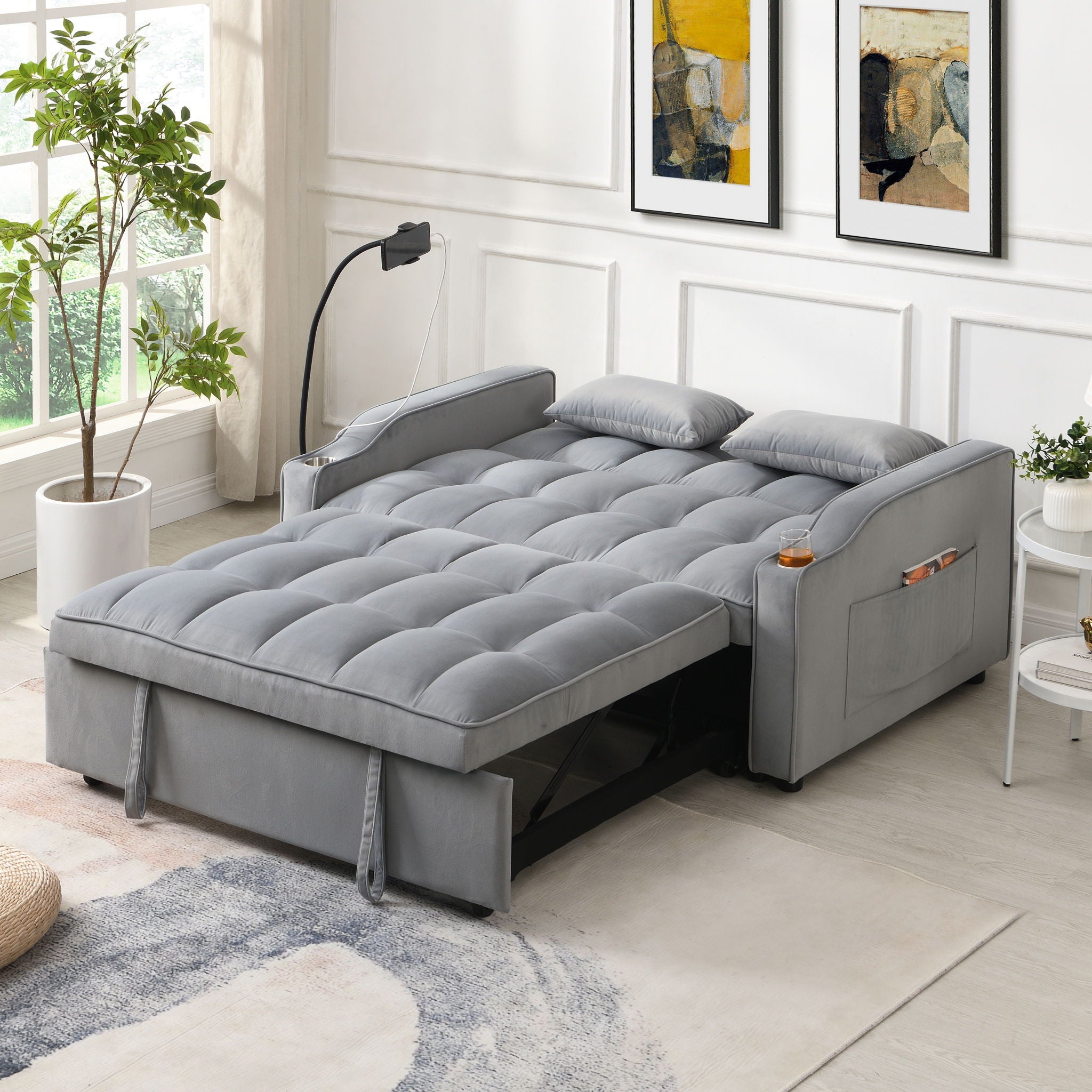 Modern Loveseat With Pullout Bed, Adjustable Reclining Backrest