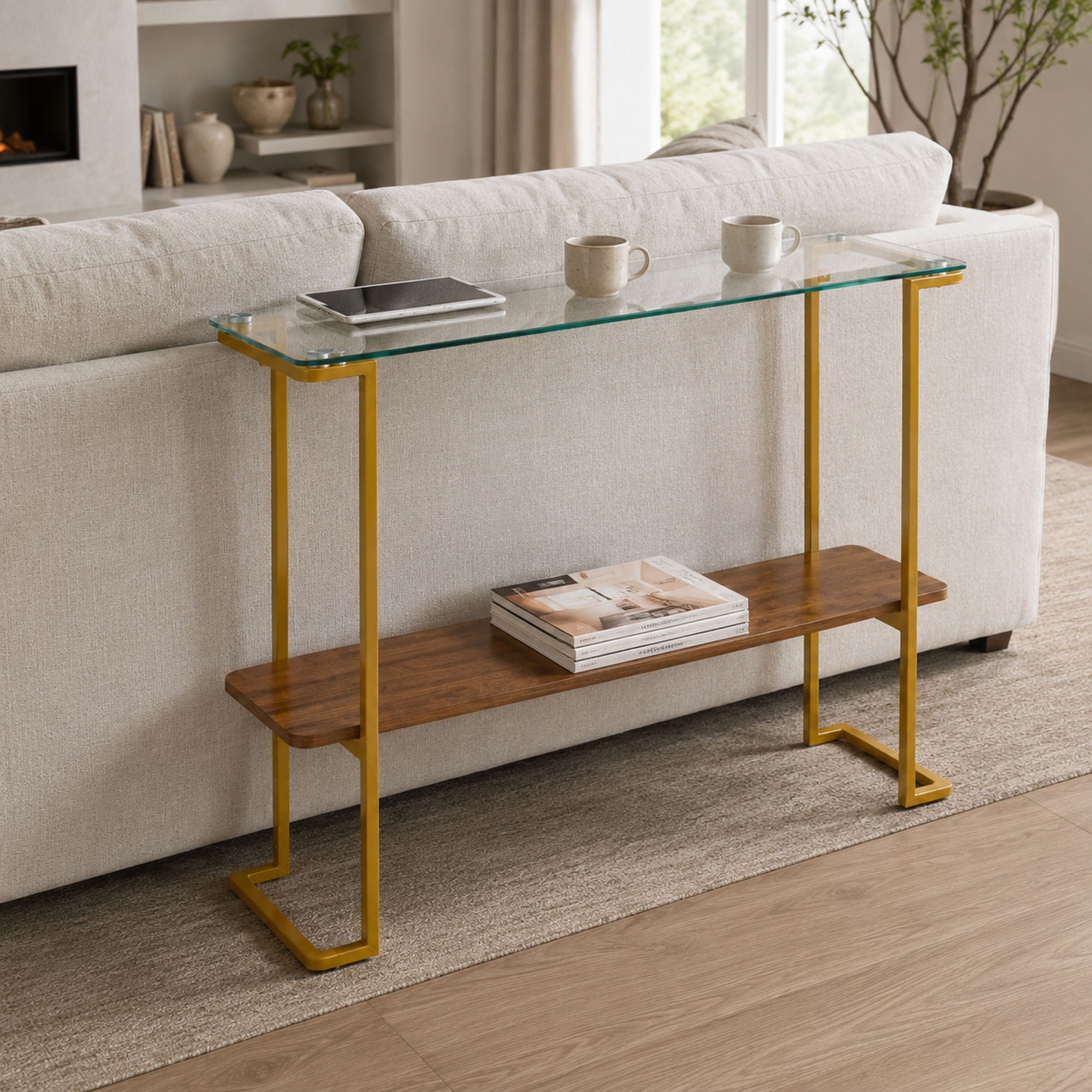 Console Table With Shelf, 2 Tier Living Room - Gold / Walnut
