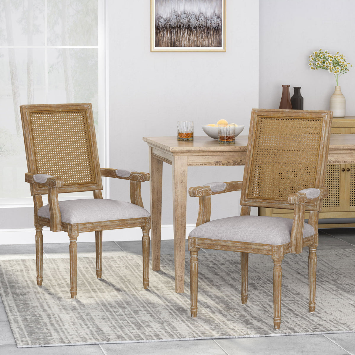 Elegant French Country Style Dining Chair With Cane Backrest