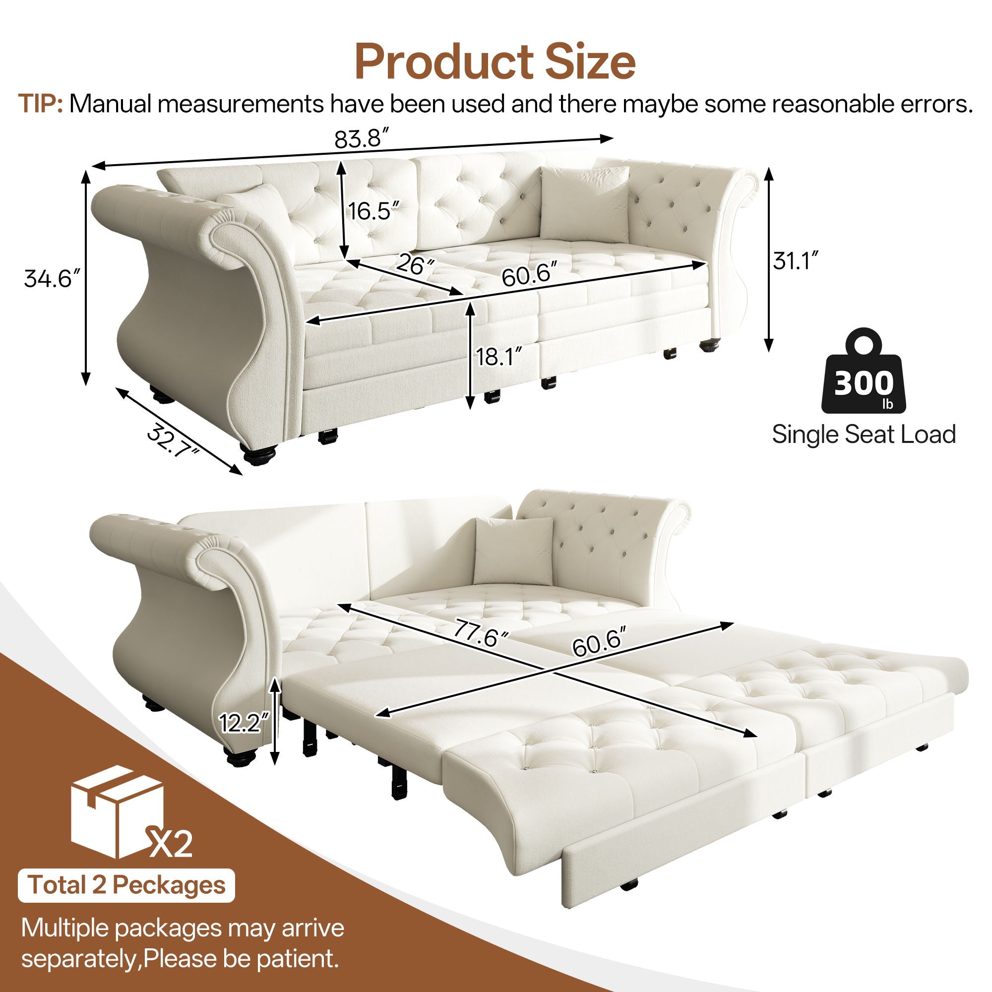 Oversized Chesterfield Pull Out Sofa Bed, Roll Arm Couch With Flower Tufting For Living Room