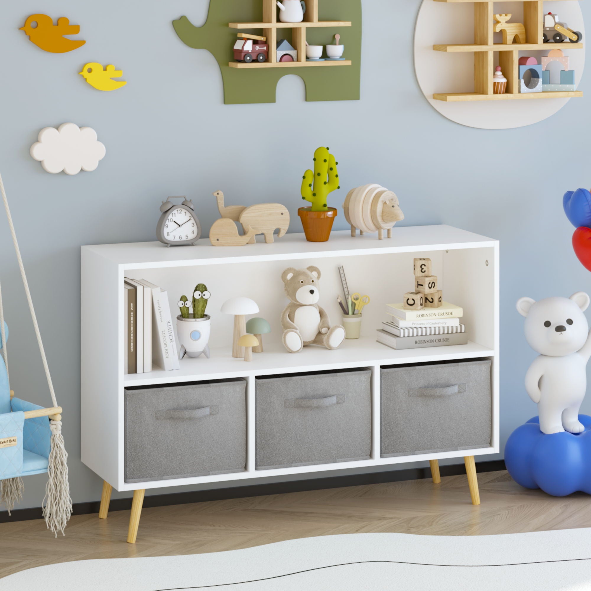 Kids Bookcase With Collapsible Fabric Drawers, Children&
