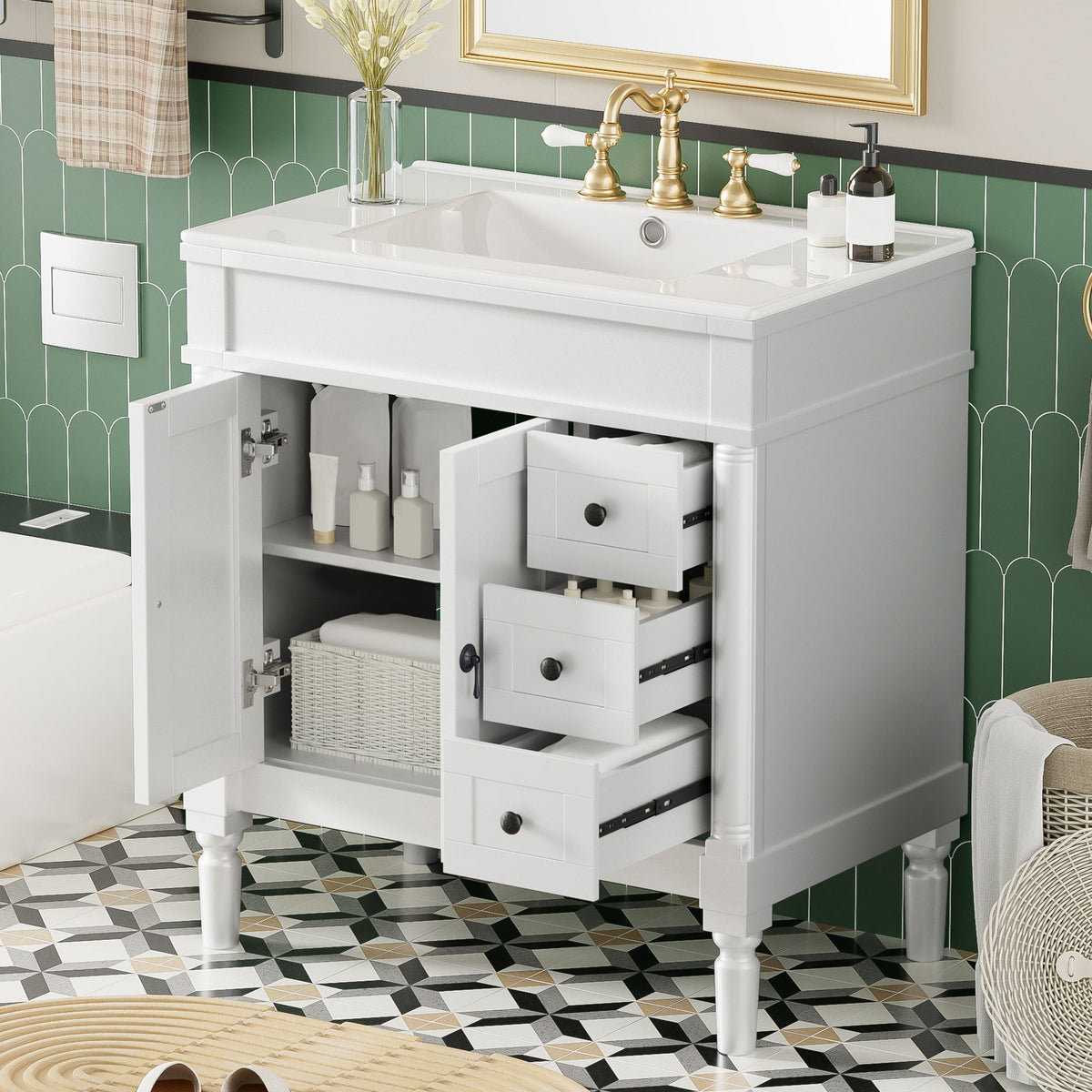 Bathroom Vanity With Ceramic Sink, 2 Doors 3 Drawers, Soft Close Design