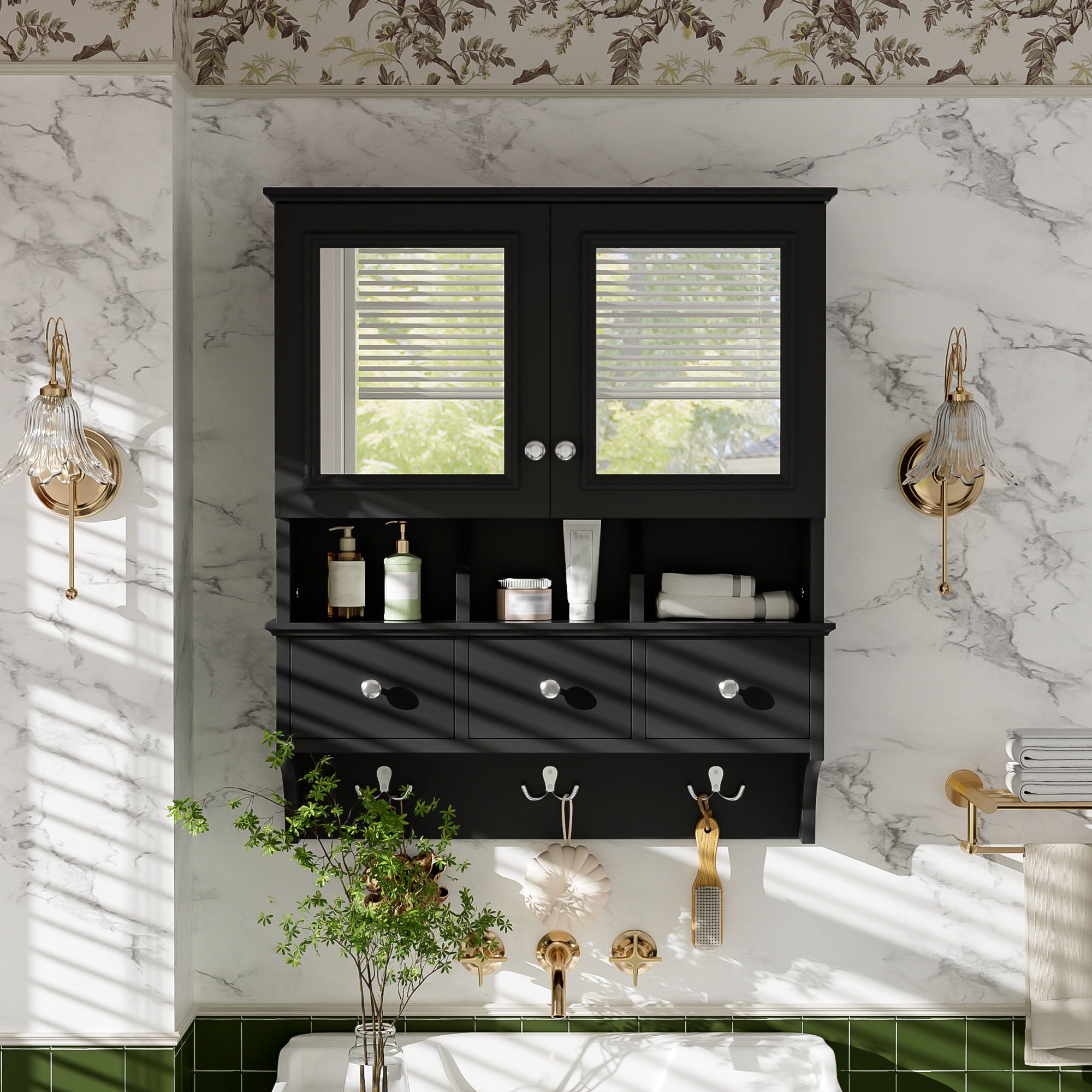 Modern Bathroom Mirror Cabinet With Drawers, Organizer Hooks, And High-Definition Mirrors