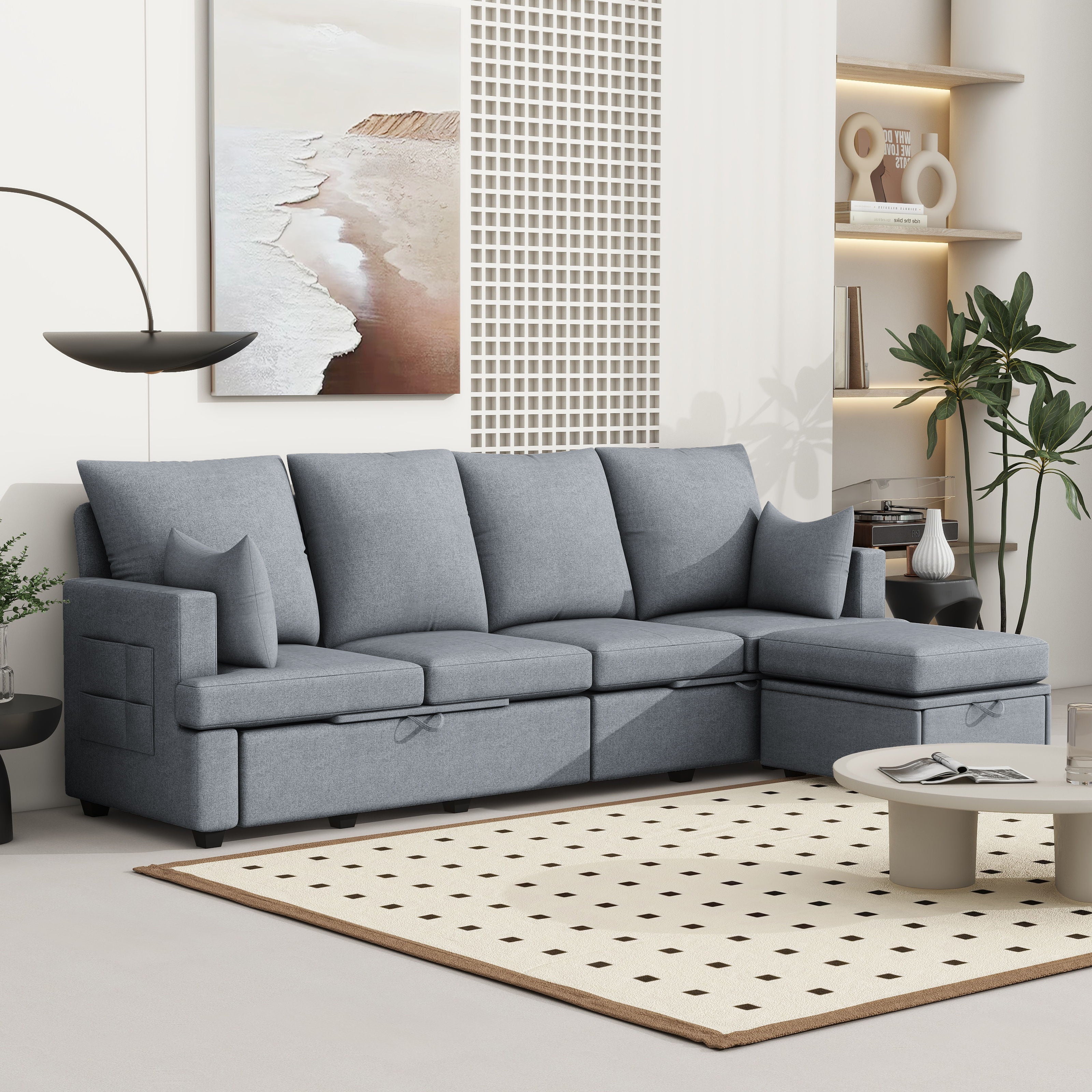 Modern Modular Sofa, 6 Seat Chenile Sectional Couch Set With 2 Pilows Included, Freely Combinable