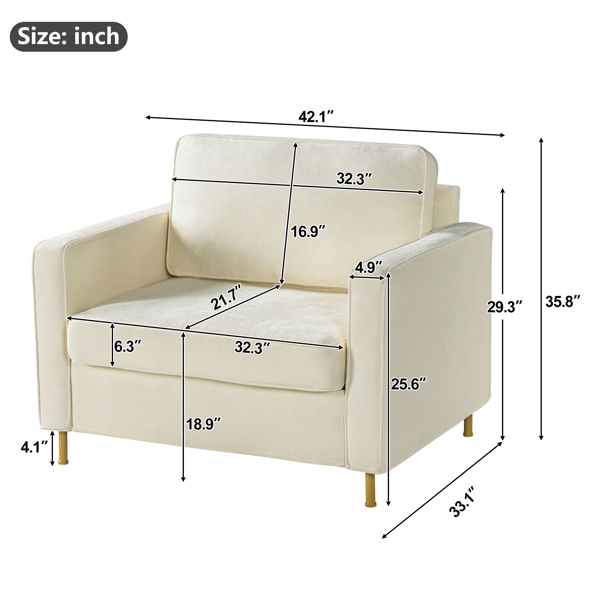 Accent Chair Upholstered Single Sofa With Square Arms, Sewn Pillow Back For Living Room