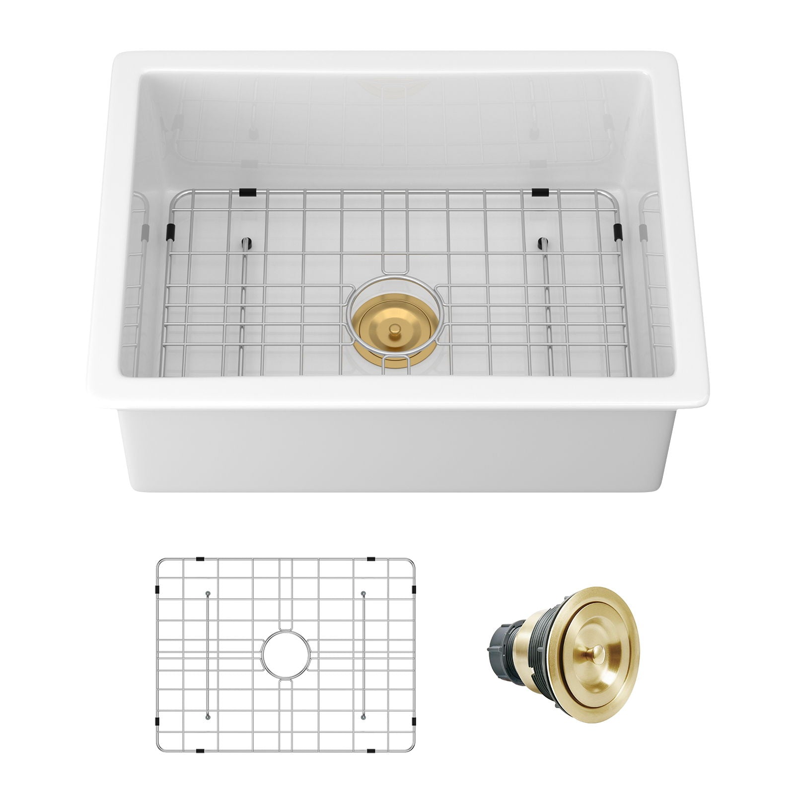 Rectangular Deep Single Bowl Kitchen Sink, Undermount Top Mount Porcela Stainless Steel Grid - White