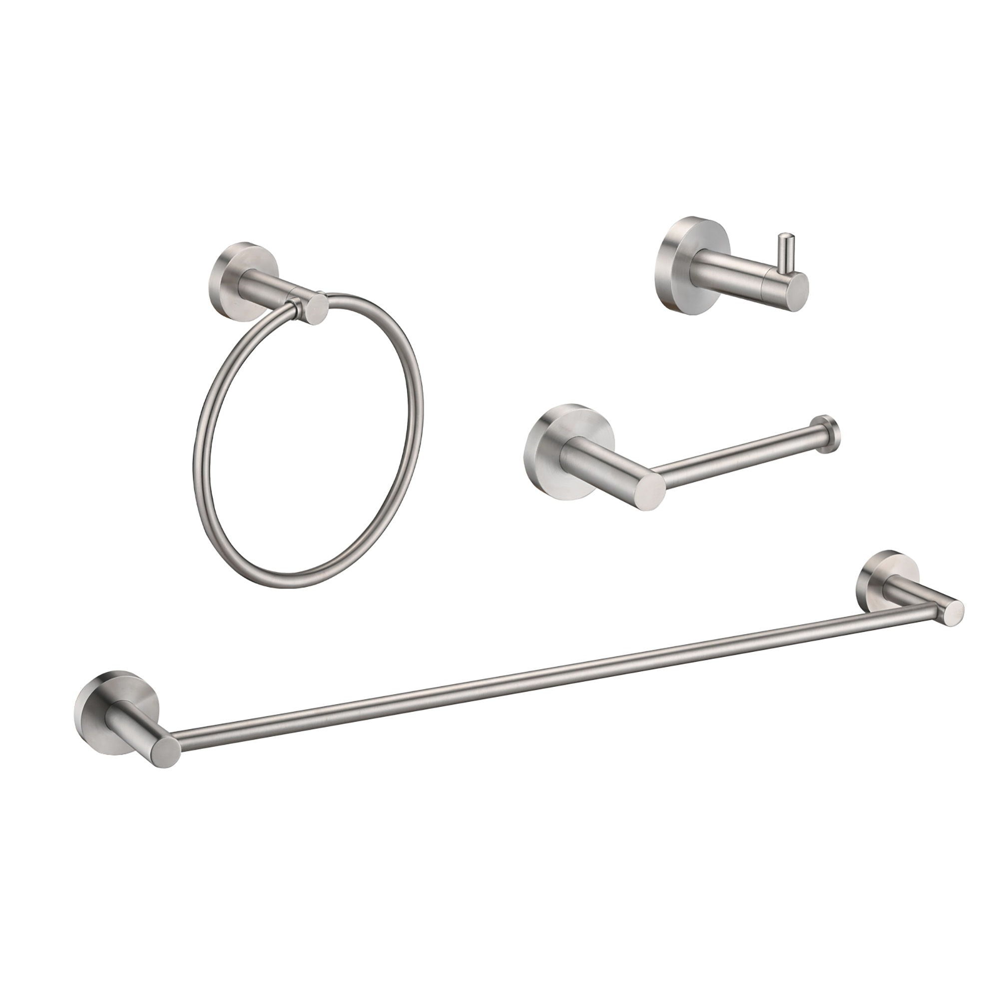 Bathroom Set 4 Pack With Towel Bar Racks, Toilet Paper Holder, Ring, Hook, Stainless Steel - Brushed Nickel
