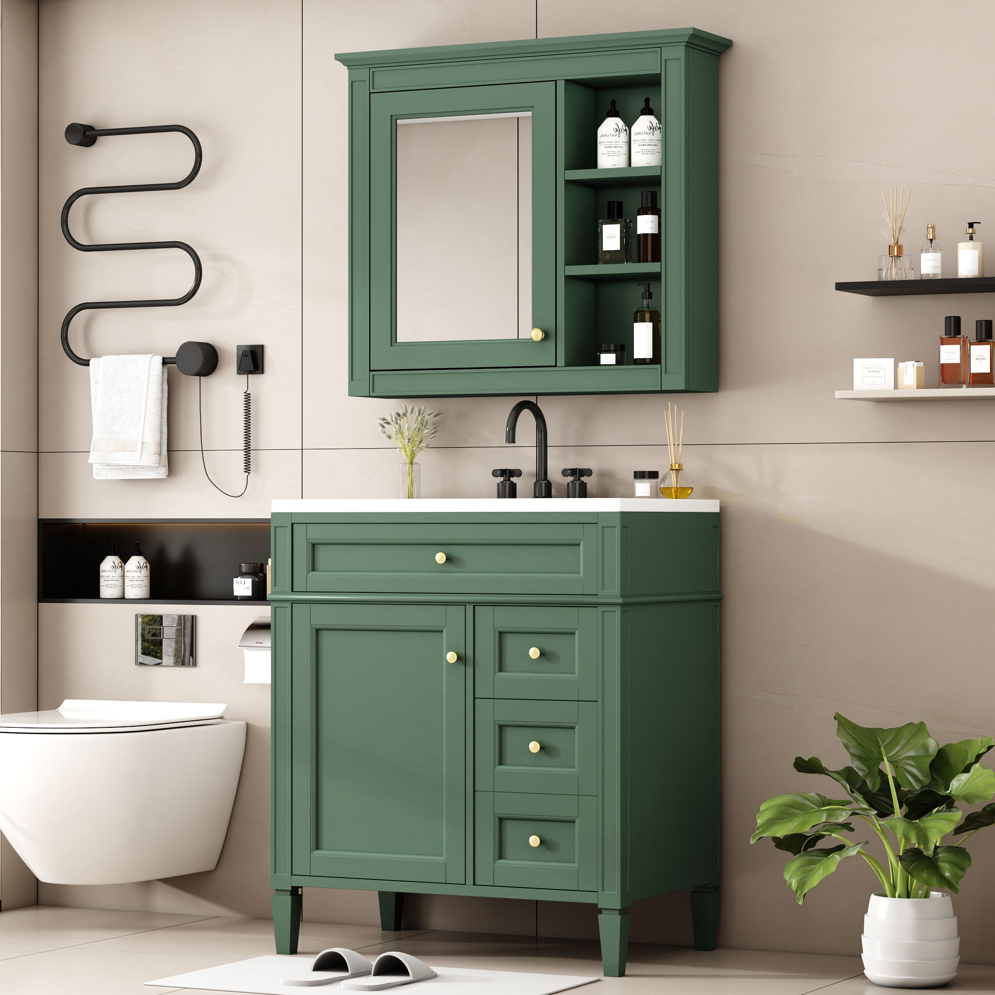 Bathroom Vanity With Top Sink, Storage Cabinet With 2 Drawers And Tip Out Drawer, Freestanding Set With Mirror Cabinet
