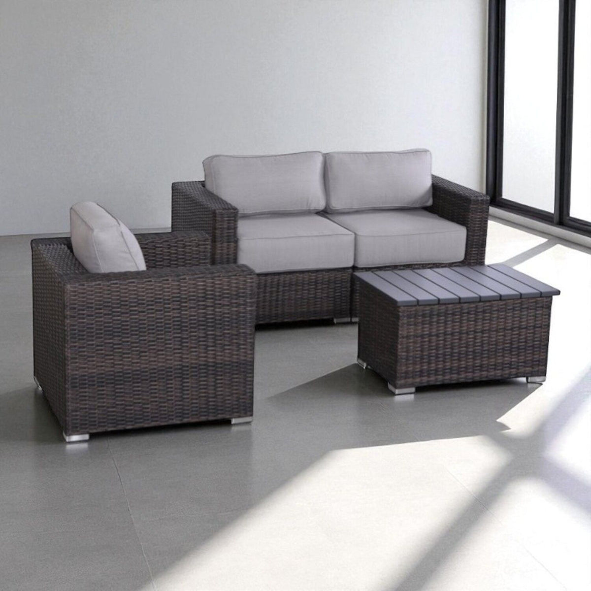 3 Person Outdoor Seating Set With Cushions - Brown