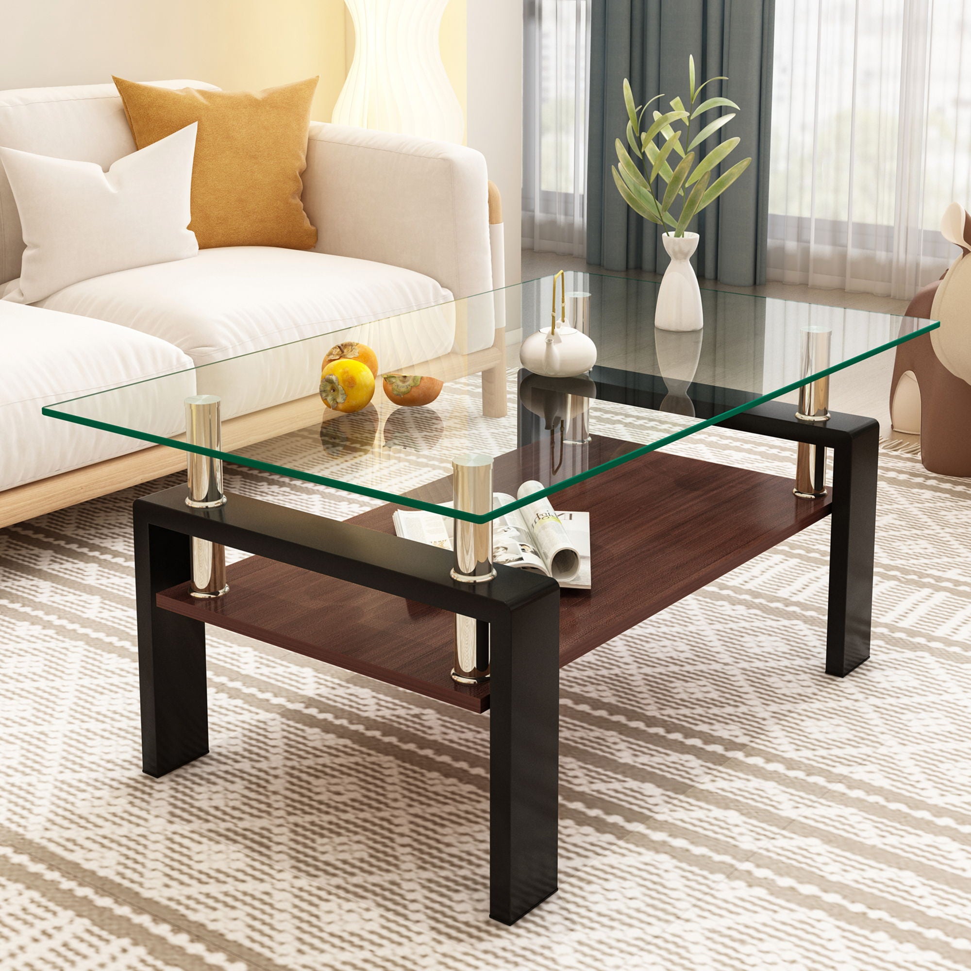 Modern Rectangular Coffee Table With Tempered Glass Top Layer, Table For Living Room - Transparent