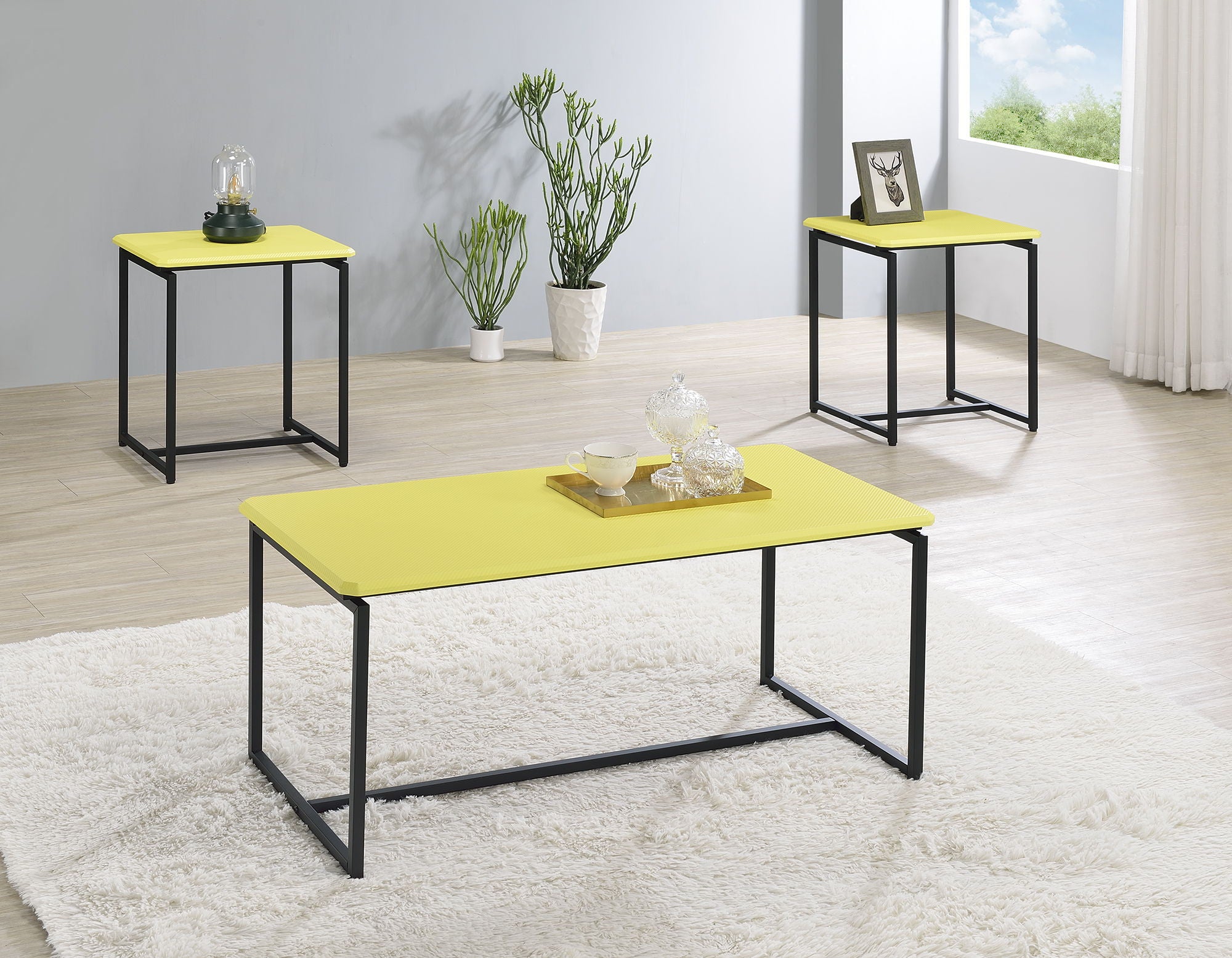 GT - 3 Piece Carbon Fiber Wrap Coffee Table And End Table (Set of 3) - Yellow