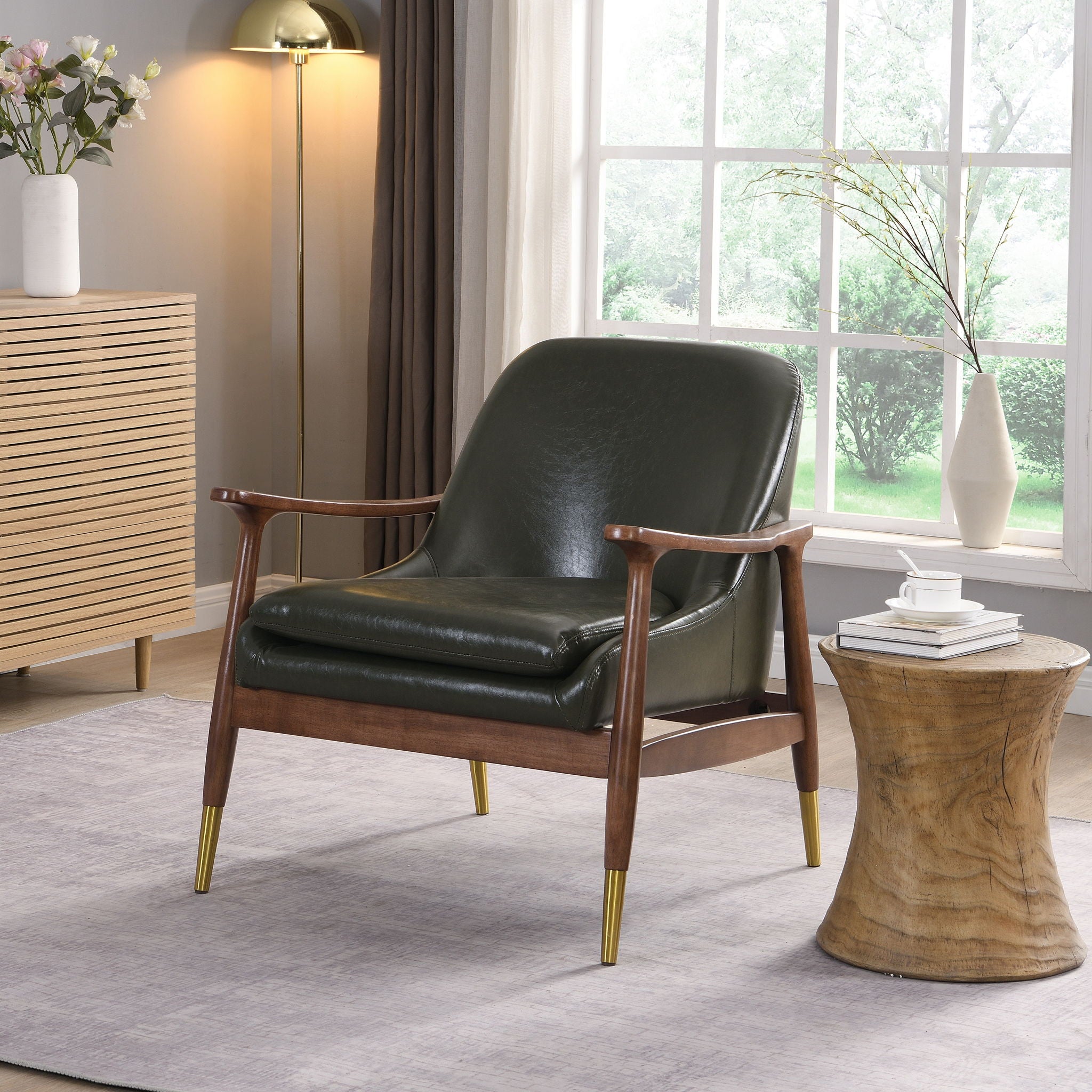 Mid - Century Accent Chair With Cushioned Seat, Brass Tipped Legs