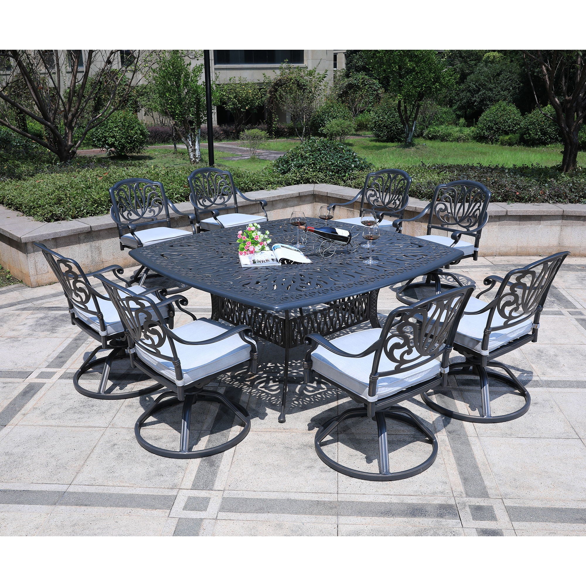 Square 8 Person 64" Long Aluminum Dining Set With Cushions
