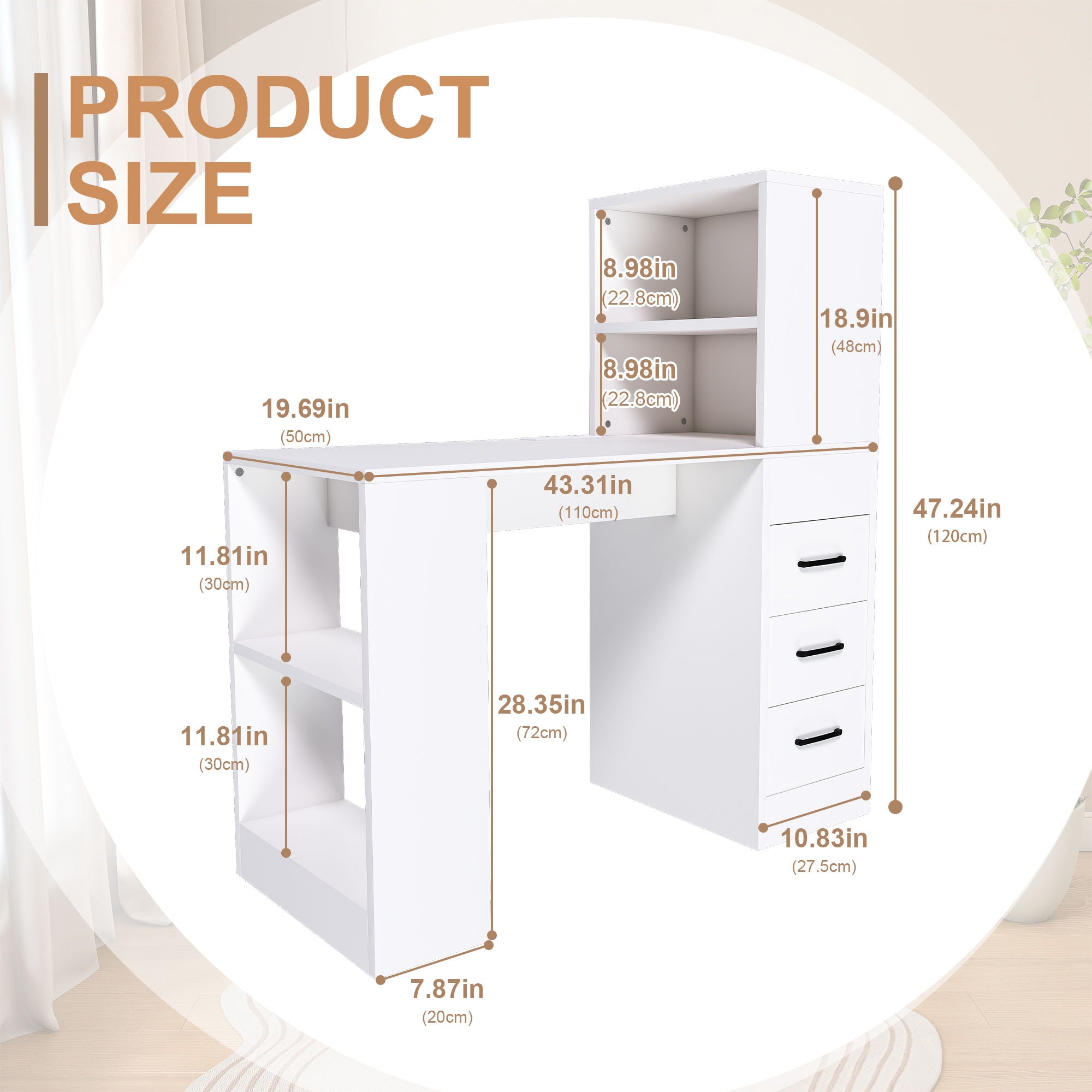 Computer Desk With 4 In 1 Socket & 3 Drawers, 4 Tier Shelves