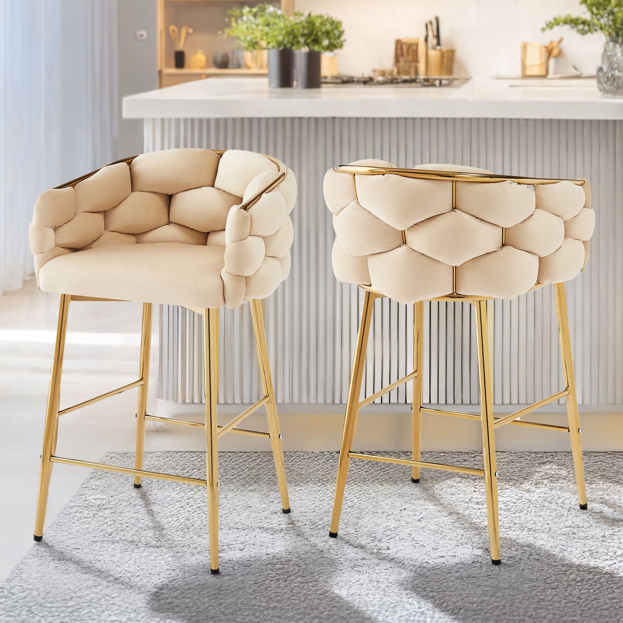 Modern Counter Stools (Set of 2) Counter Stools With Iron Frame, Soft Back And Cushion, Footrest, Suitable For Kitchen - Beige