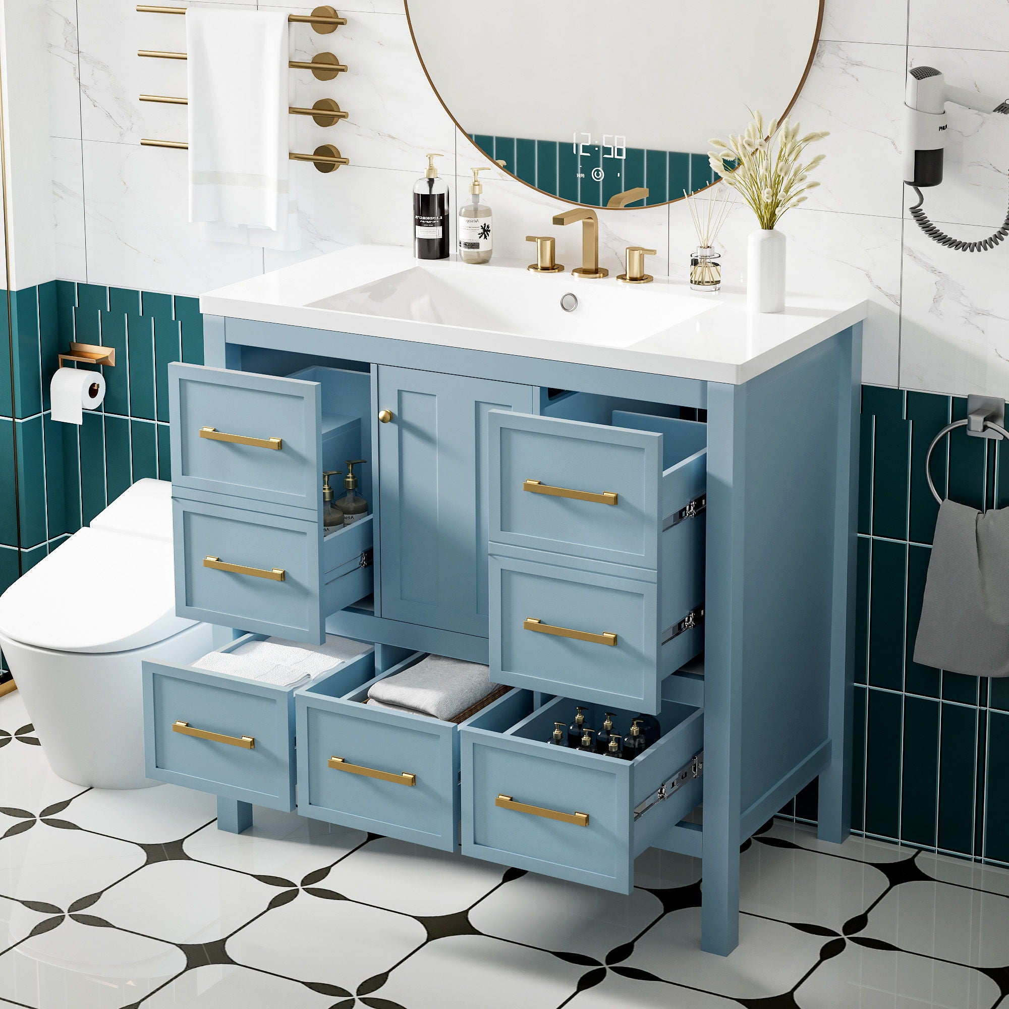 Bathroom Vanity With Resin Sink Combo, Freestanding Set With 5 Drawers
