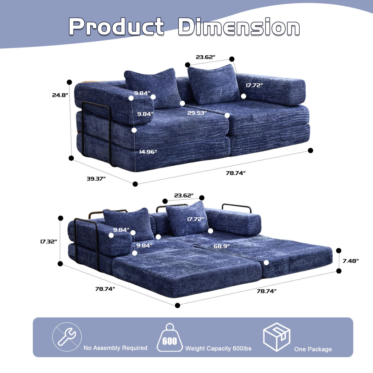 Convertible Floor Sofa Bed With Pillow Back Support Armrest