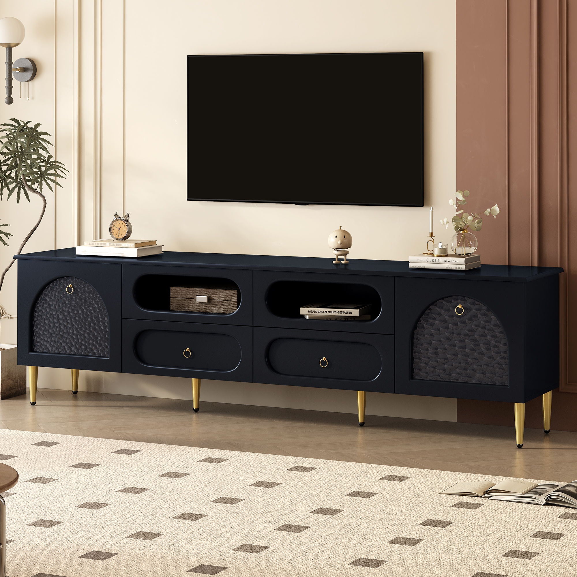 Retro TV Stand With 6 Metal Legs, 2 Cabinets, 4 Drawers And Anti-Tip Device